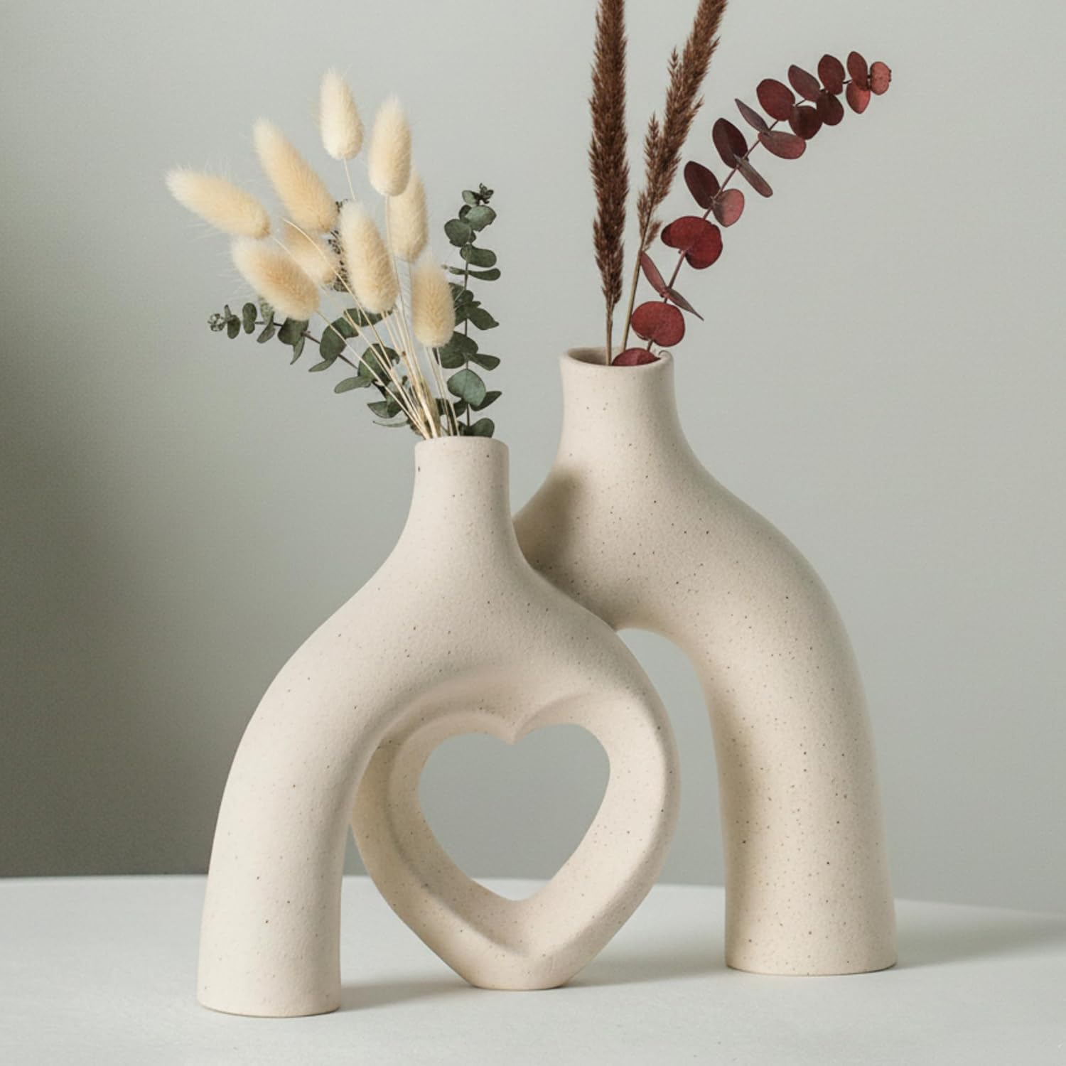 Boho Beige Flower Vase — Set of 2 — Heart - Beige