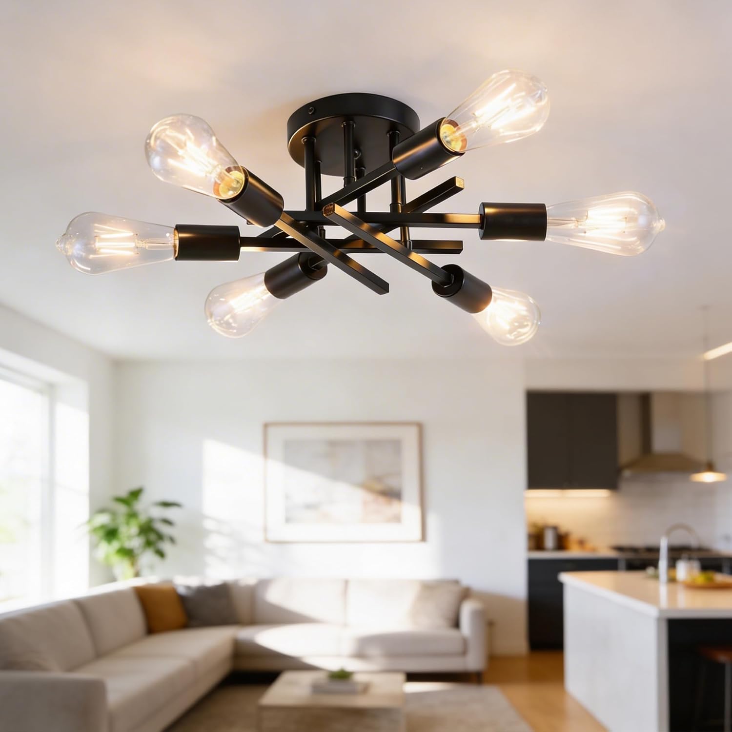 Farmhouse Black Chandelier — 6-Light — Matte Black（6-Light Square Tube）