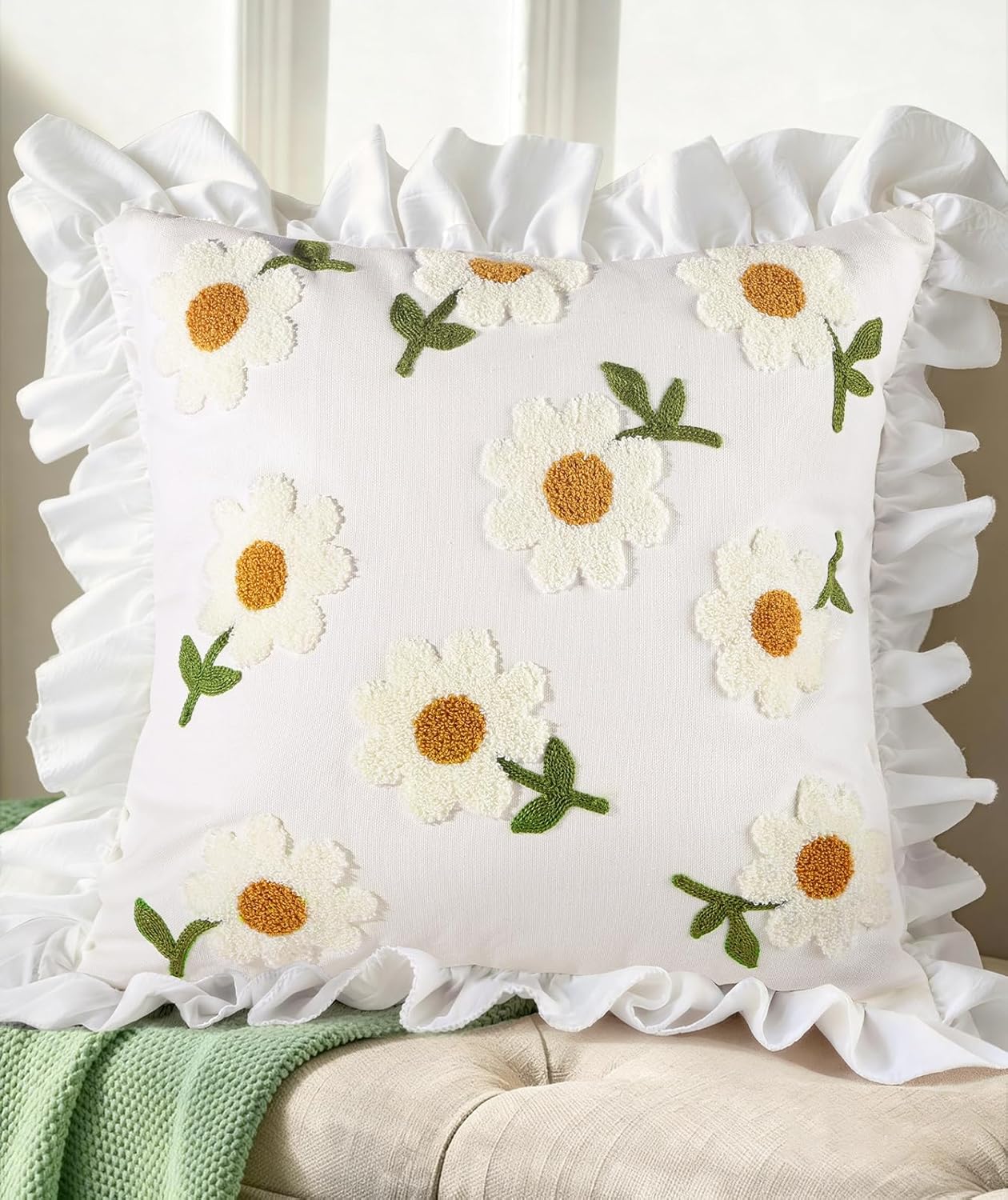 Embroidered Boho Yellow Throw Pillow Cover — 18" — Ruffle-daisy