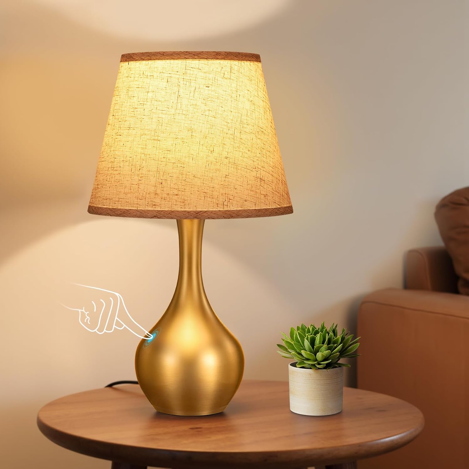 Dimmable Beige Bedside Lamp — 16.1" — D. D:Beige Shade & Gold Base