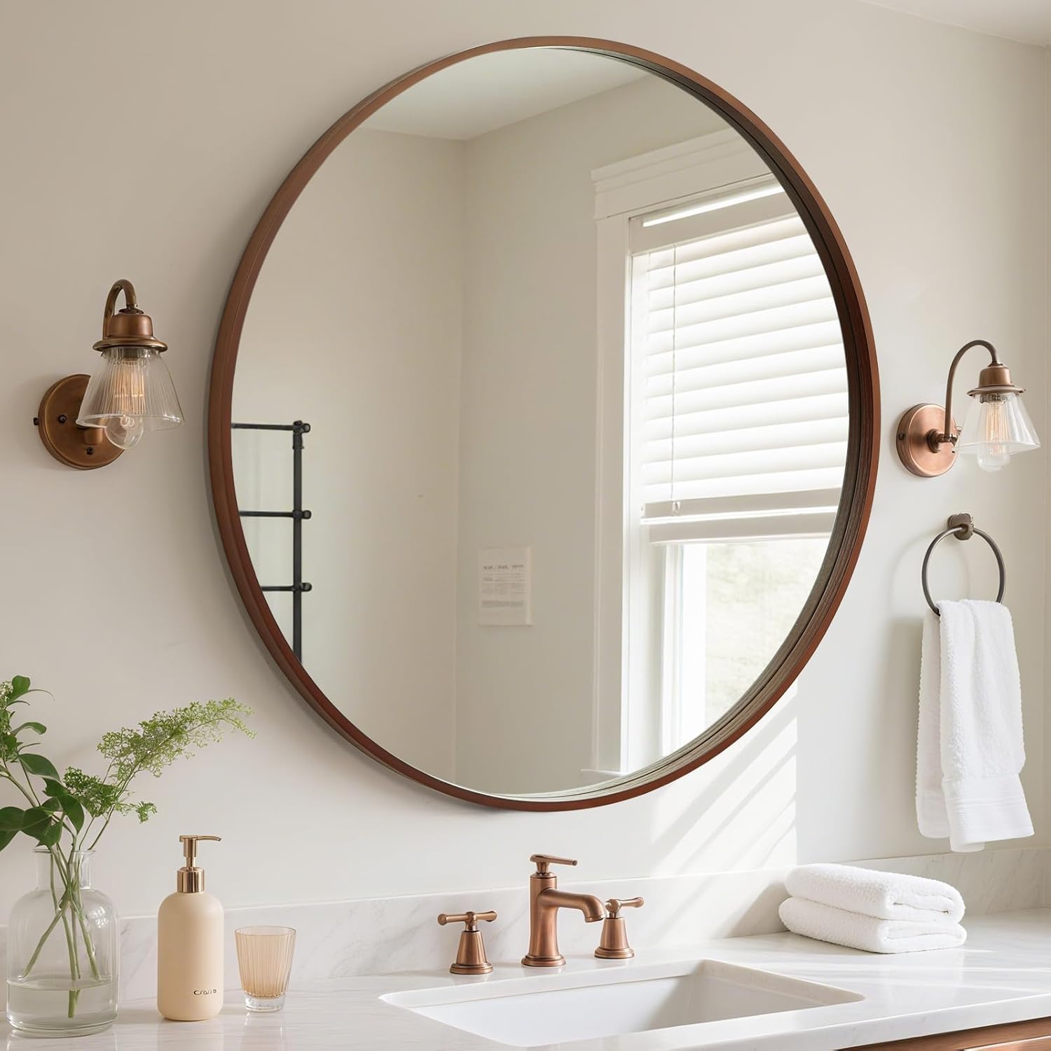 Round Beige Wall Mirror — 24" — Walnut