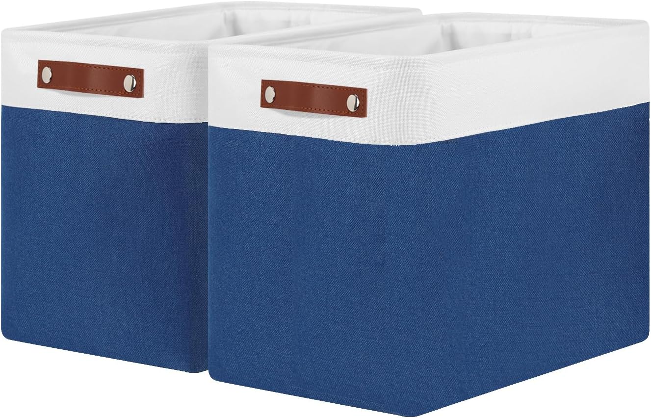Beige Storage Basket — 17" — White&Blue-Leather Handles