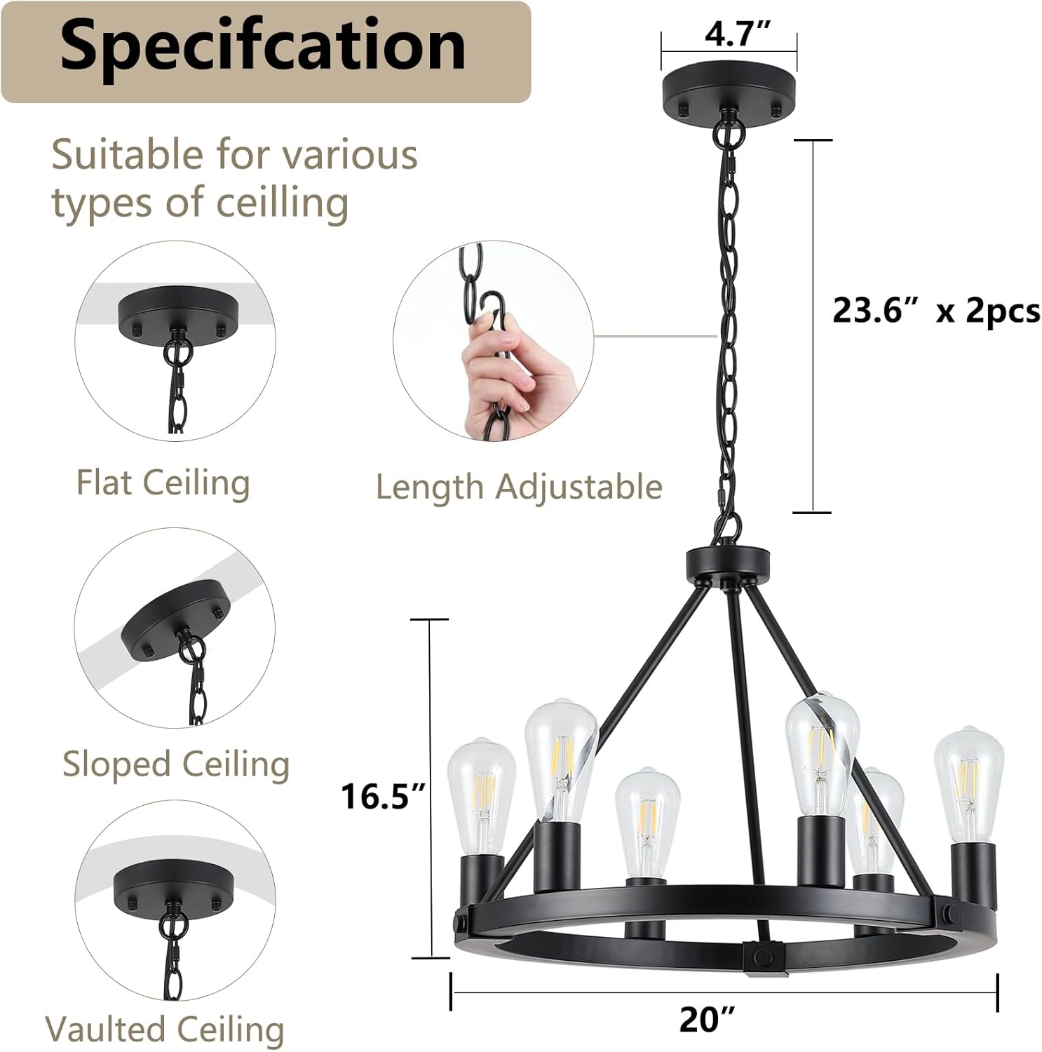 Farmhouse Black Chandelier — 6-Light - View 3