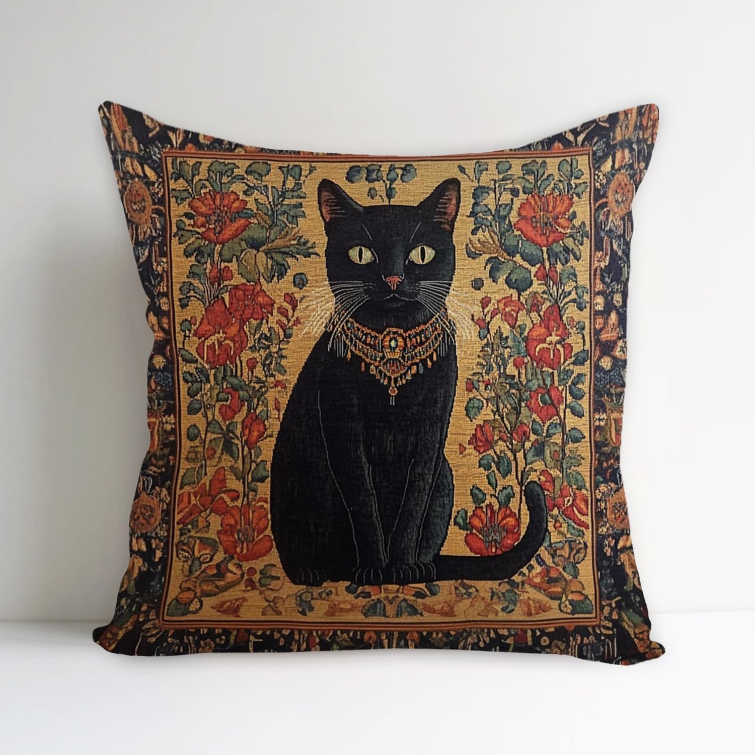 Vintage Boho Black Throw Pillow Cover — 18" — Black Cat4