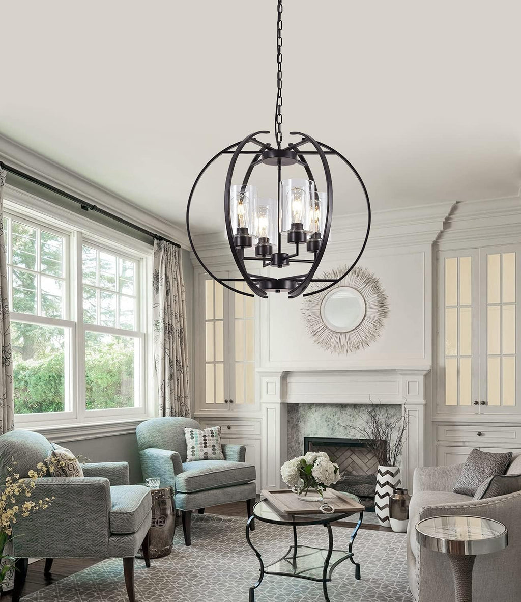 Farmhouse Black Chandelier — 4-Light — Black+Clear Glass 24"