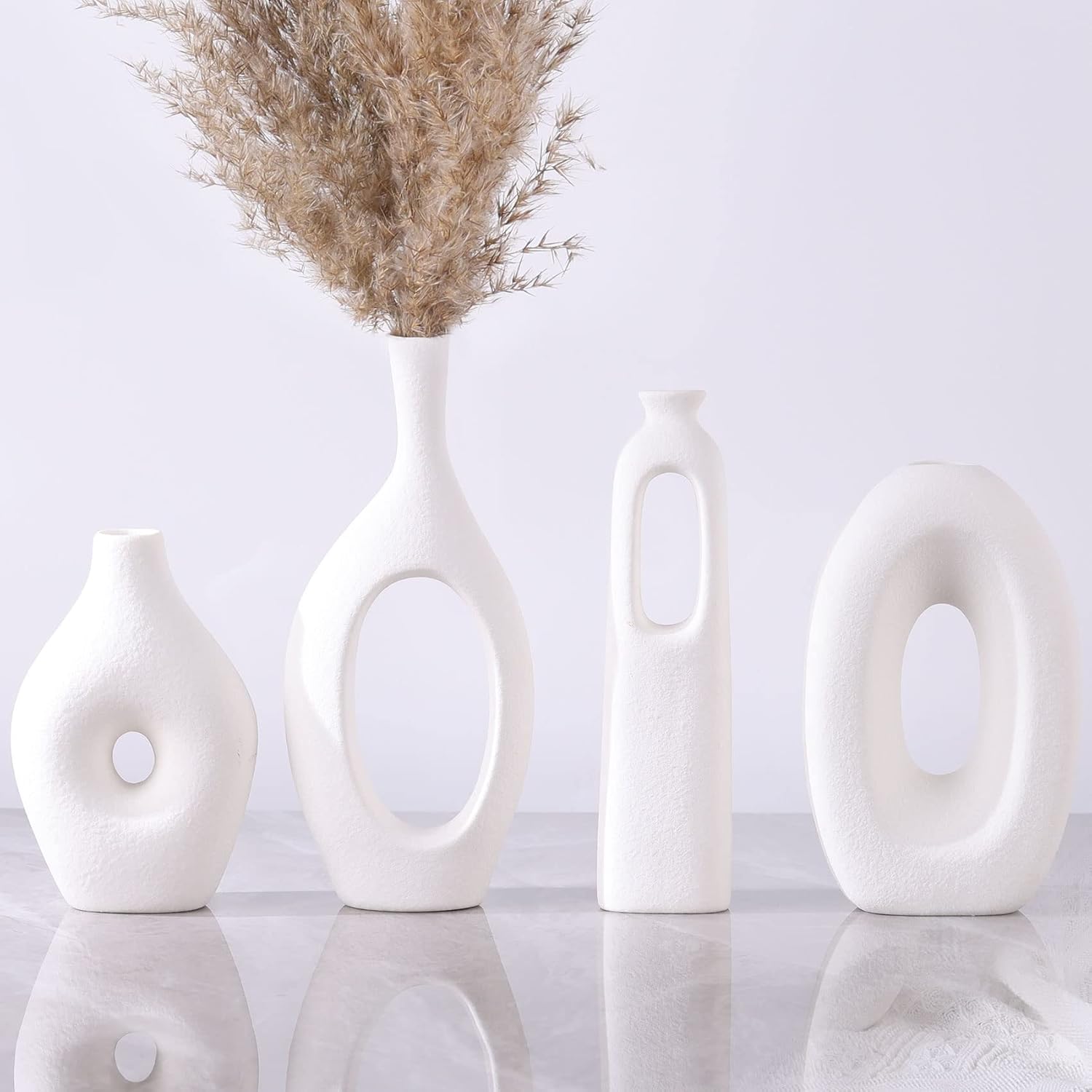 Round Boho Black Vase Set — Set of 4 — White Set