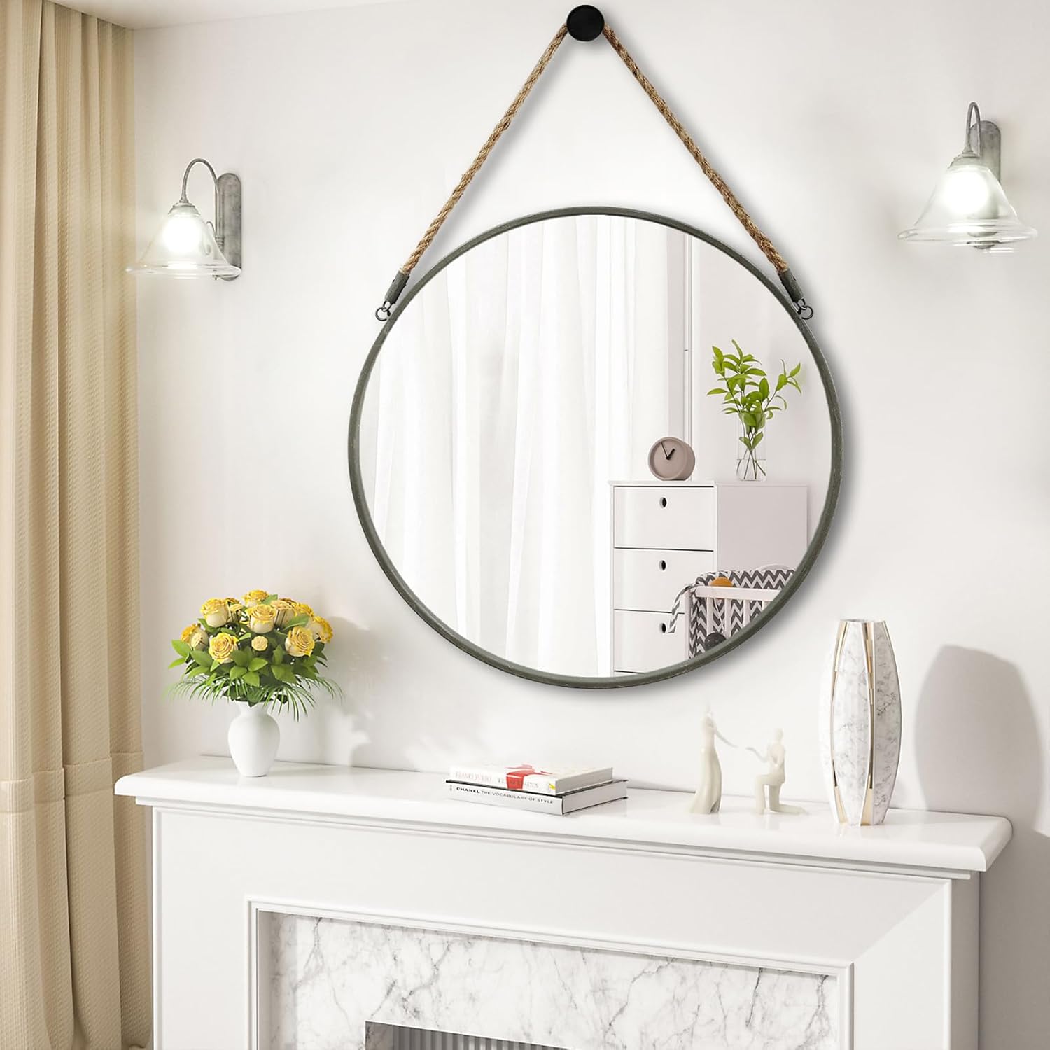 Round Farmhouse Beige Wall Mirror — 15" — Grey