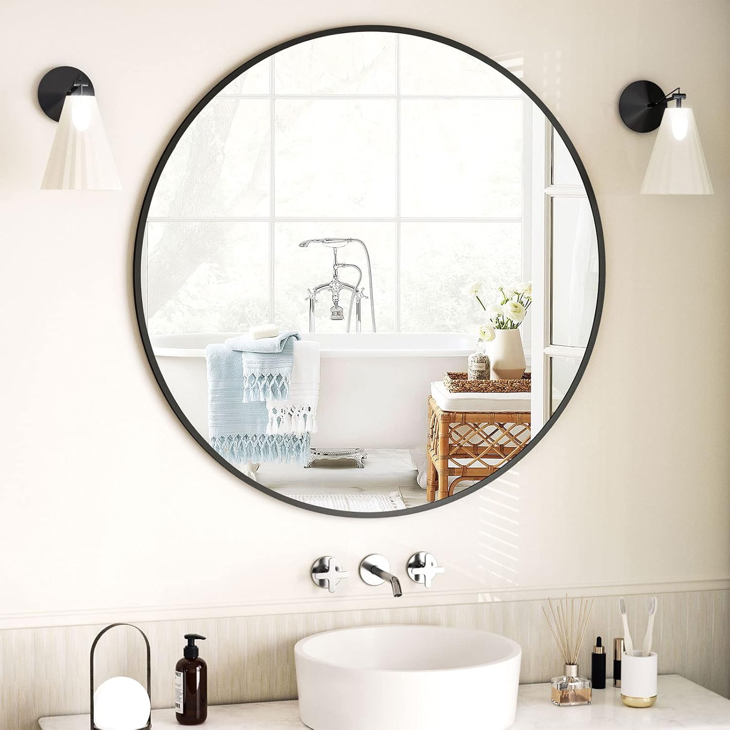 Round Modern Black Mirror — 48" — Black