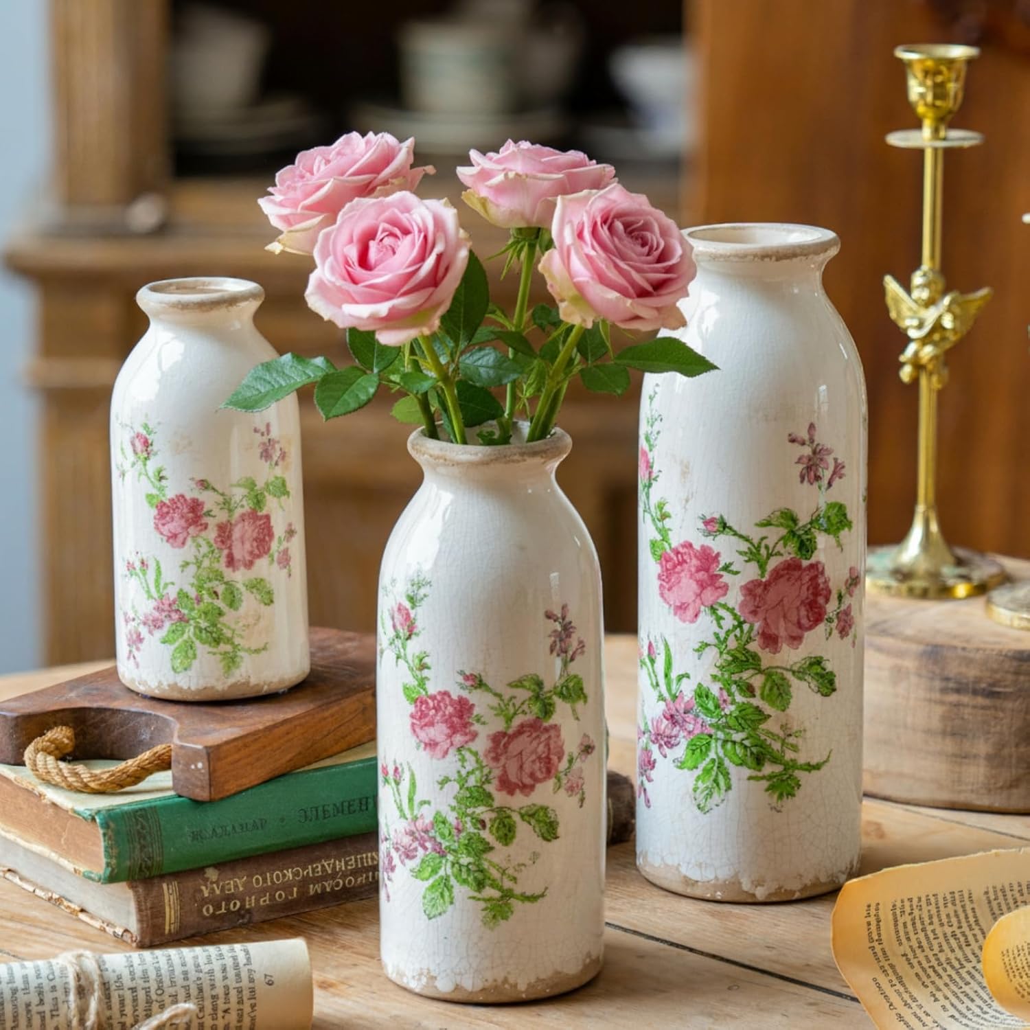 Vintage Farmhouse Green Vase Set — Set of 2 — Pink Flora