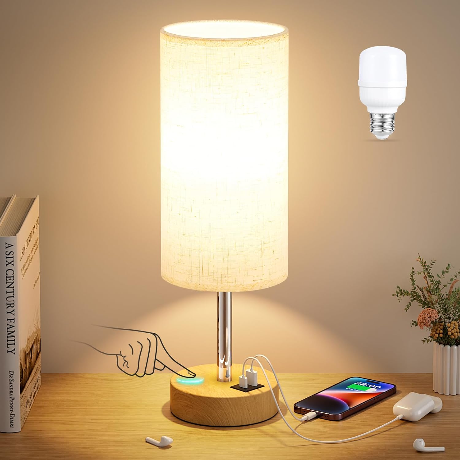 Dimmable Beige Desk Lamp — 14" — Cream & Wooden
