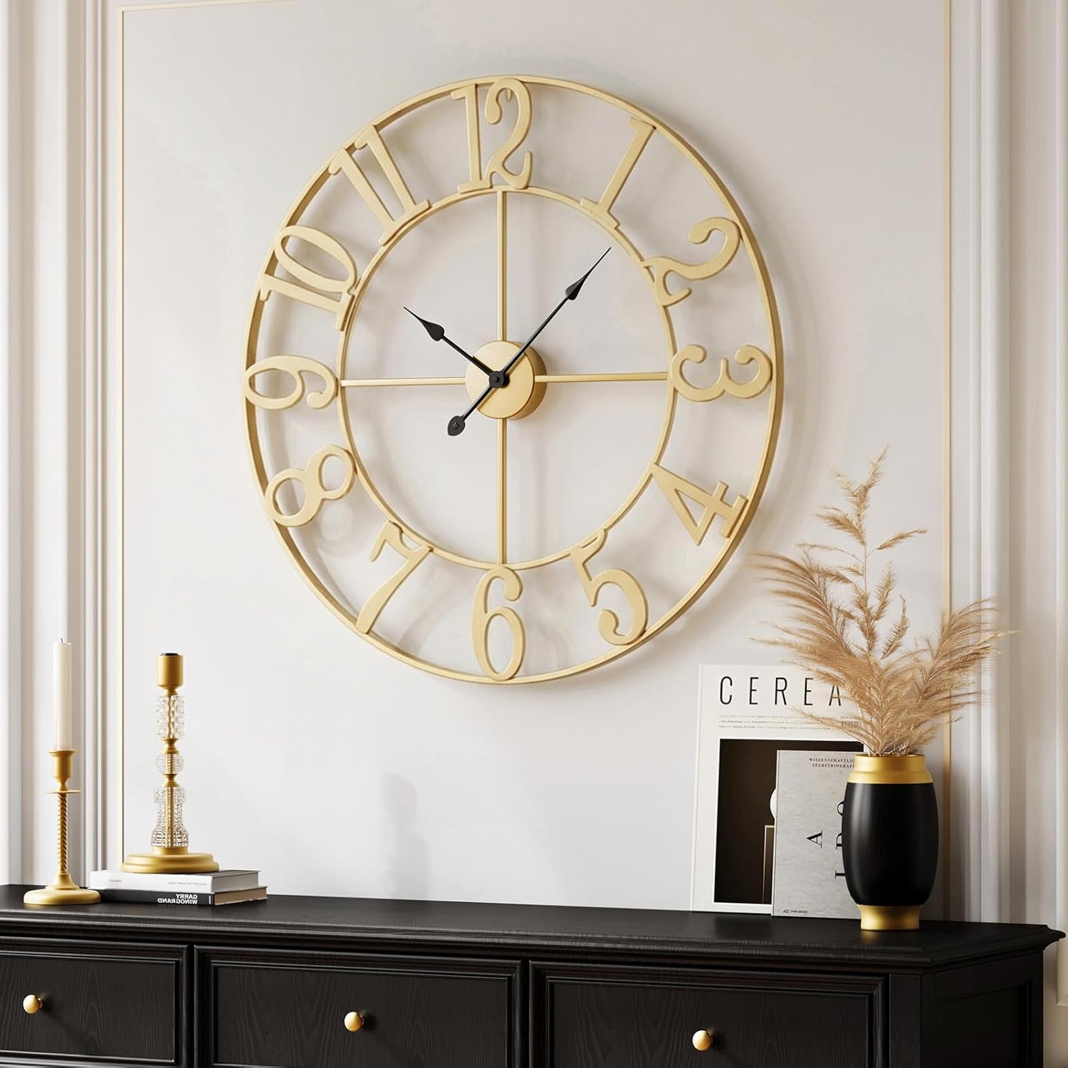 Battery-Operated Modern Black Wall Clock — 30" — Gold Arabic Number