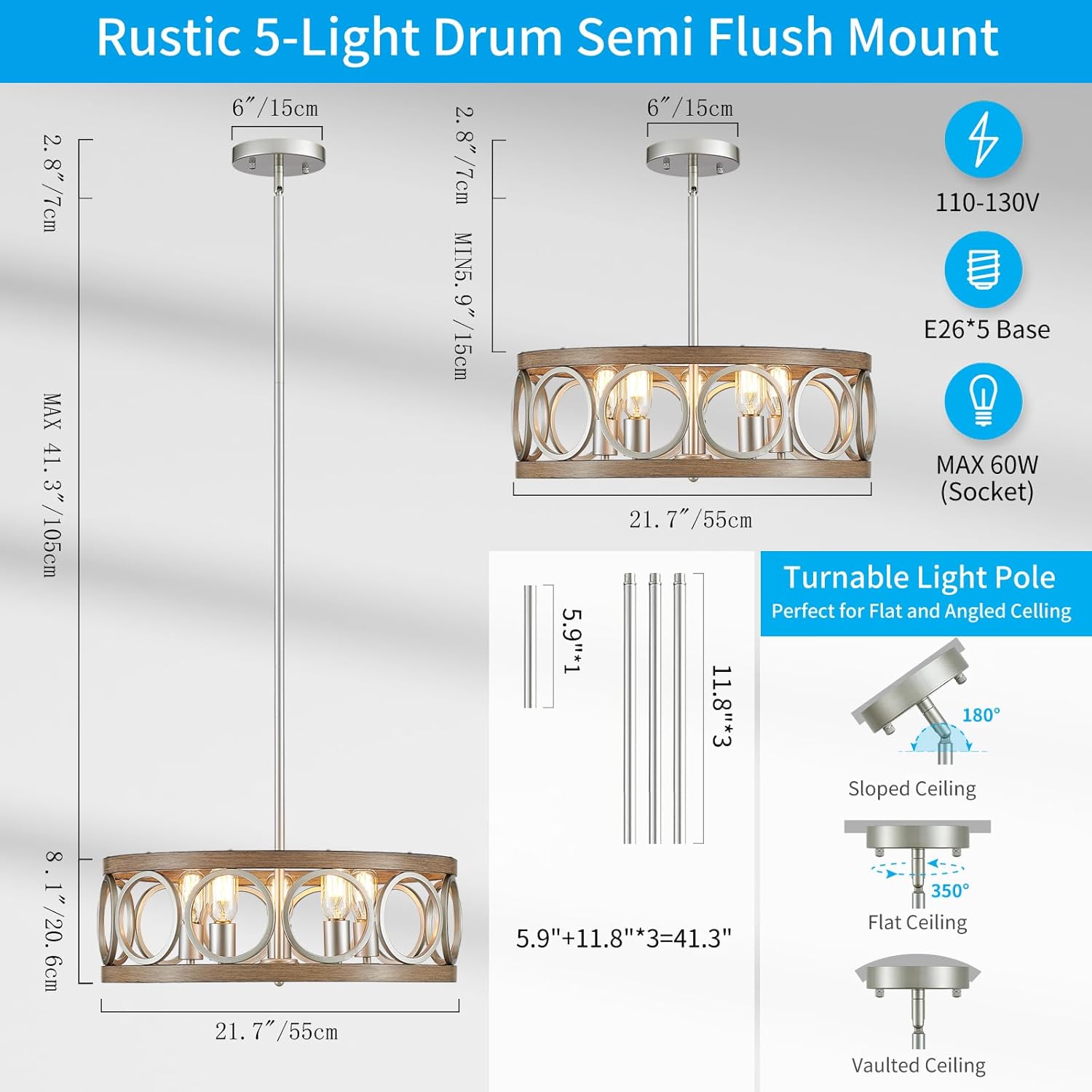 Round Farmhouse Black Chandelier — 5-Light - View 3