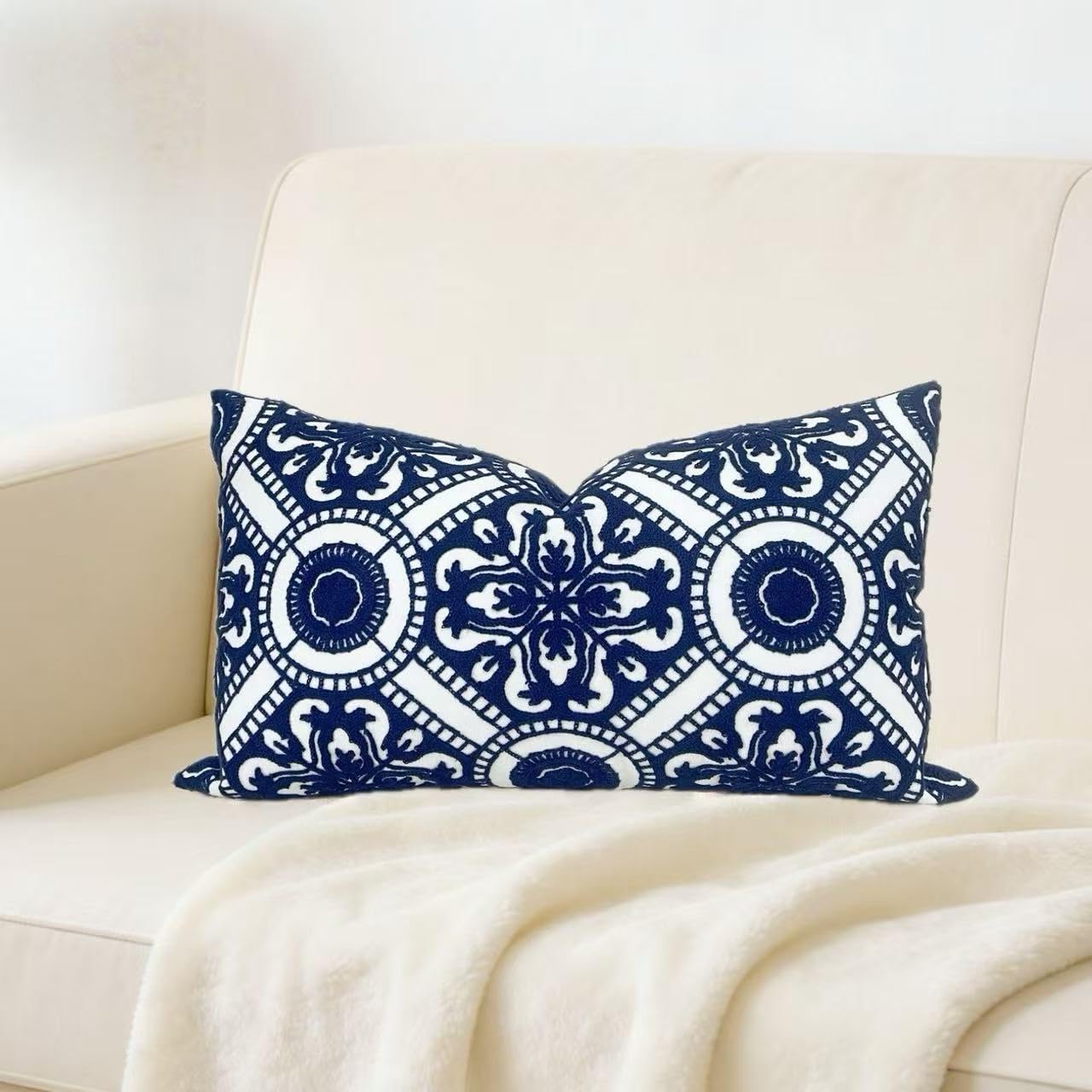 Embroidered Boho Beige Throw Pillow Cover — 18" — B-navy Circle