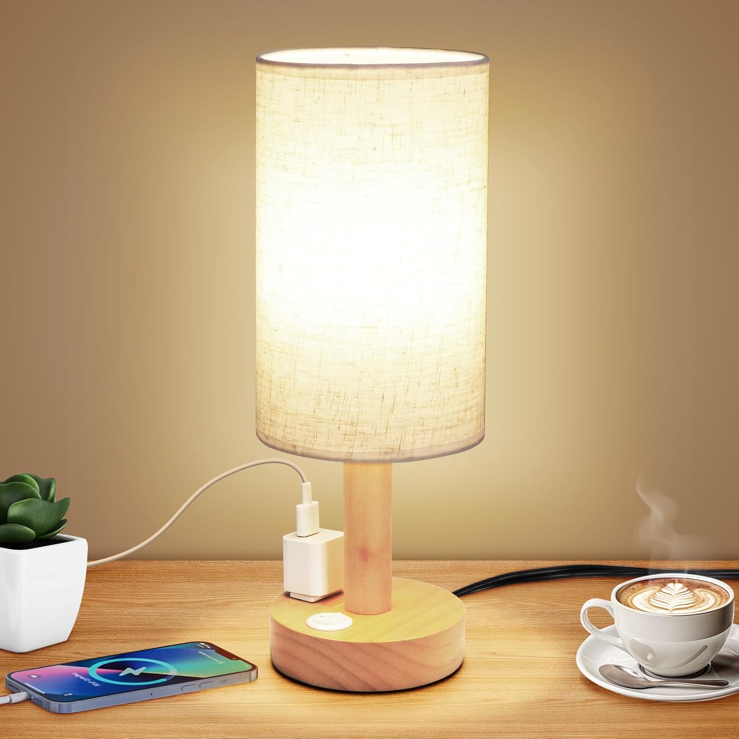 Round Boho Wood Table Lamp — Set of 1 — Round - AC Outlet - Set of 1