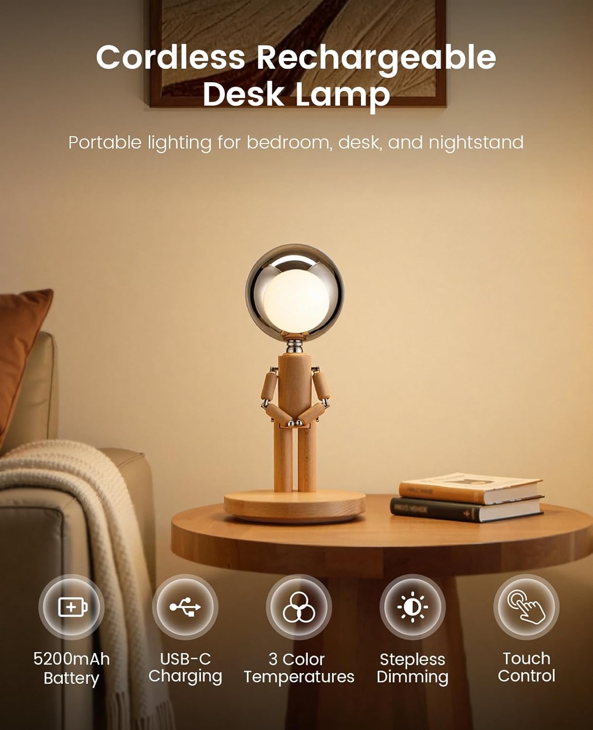 Cordless Black Desk Lamp - View 2
