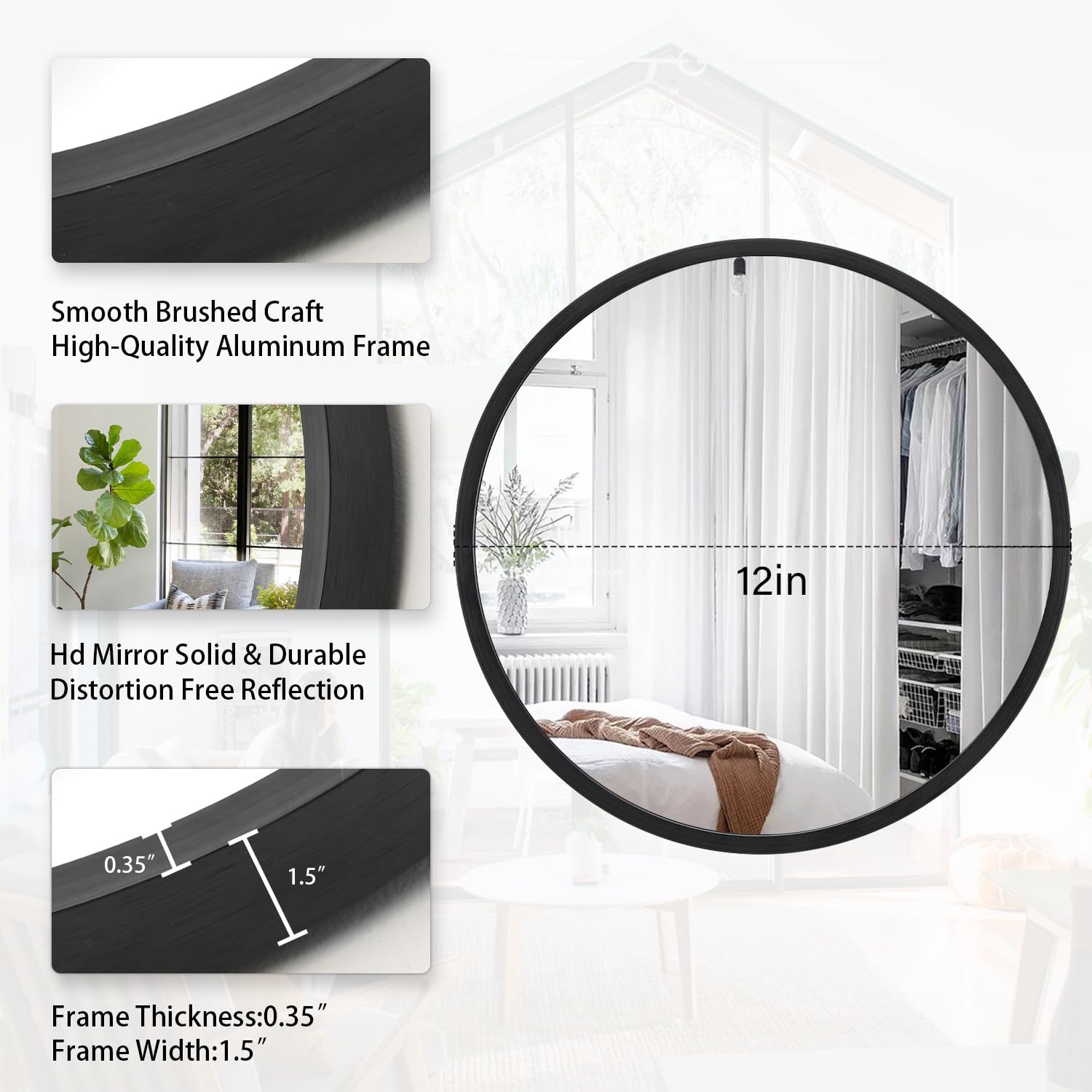 Round Black Wall Mirror — 12" - View 2