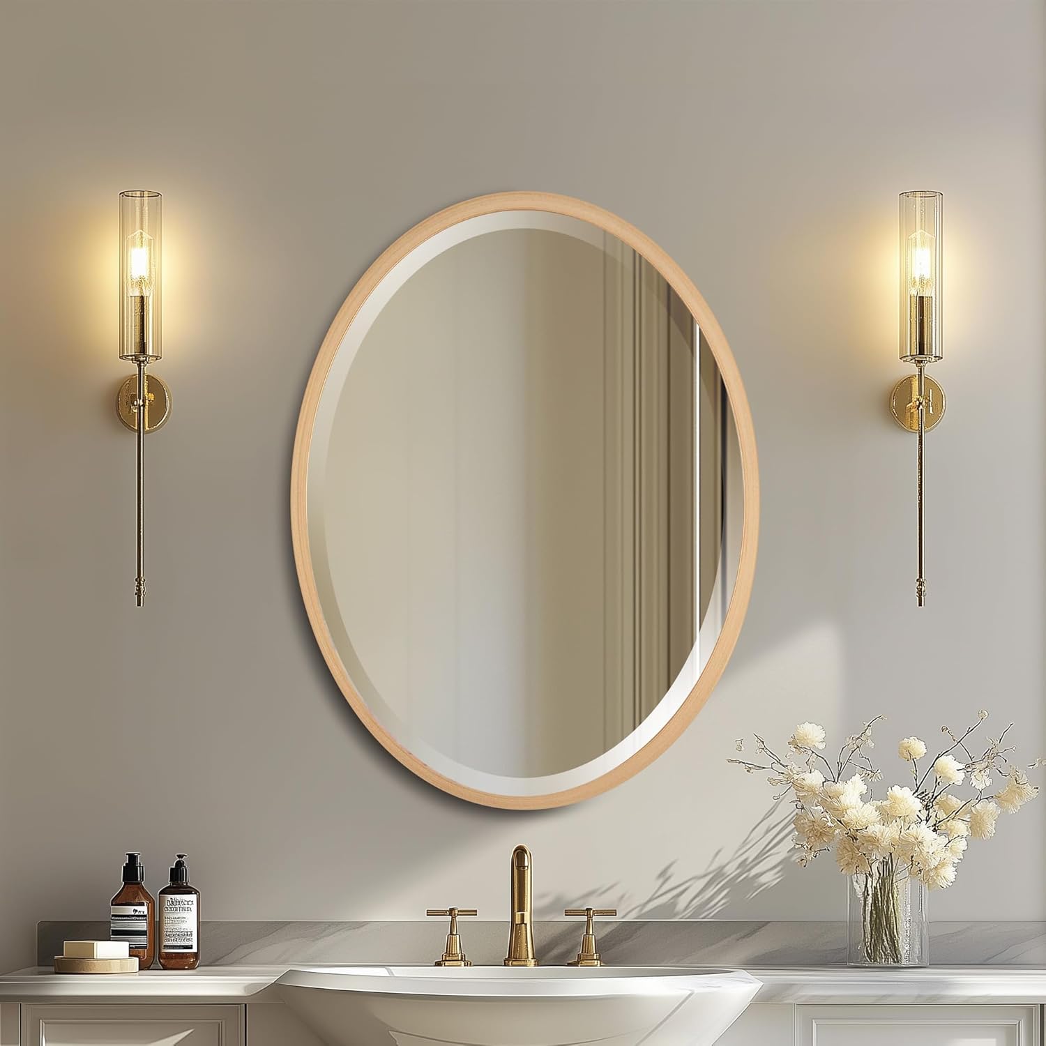 Beveled Luxe Beige Wall Mirror — 31" — Gold Paint
