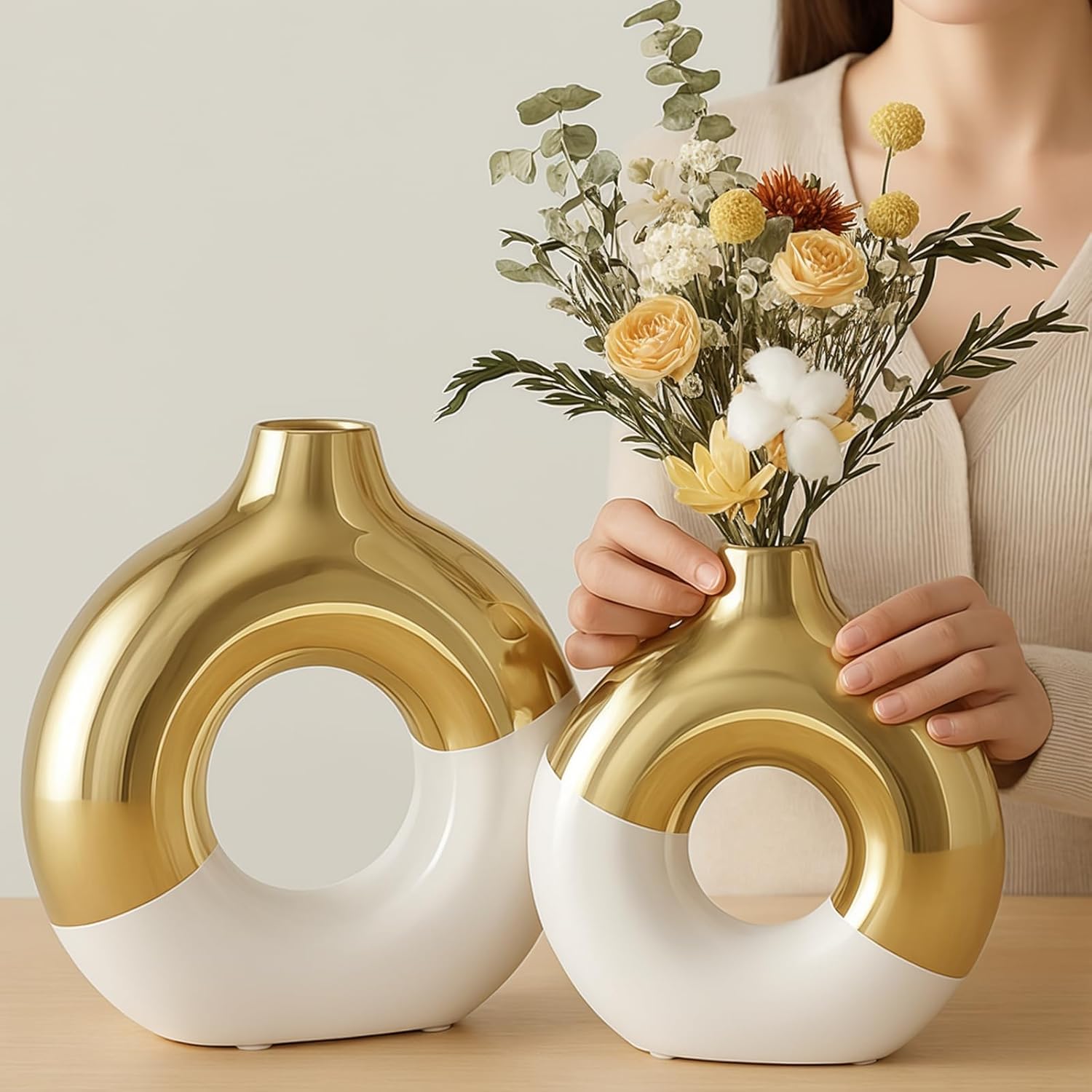 Modern Blue Vase Set — Set of 2 — White and Gold