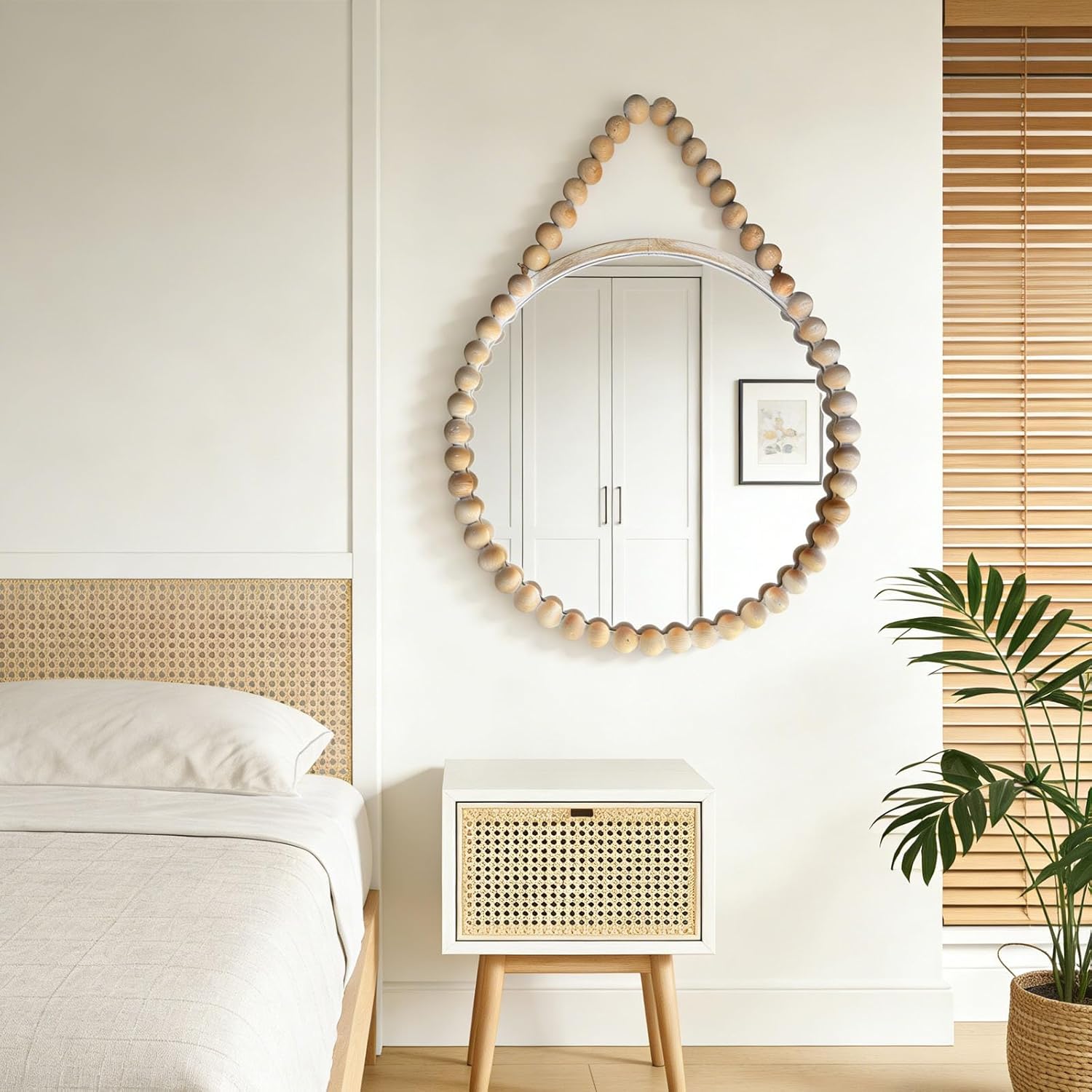 Round Farmhouse Beige Wall Mirror — 15" — Natural Wood