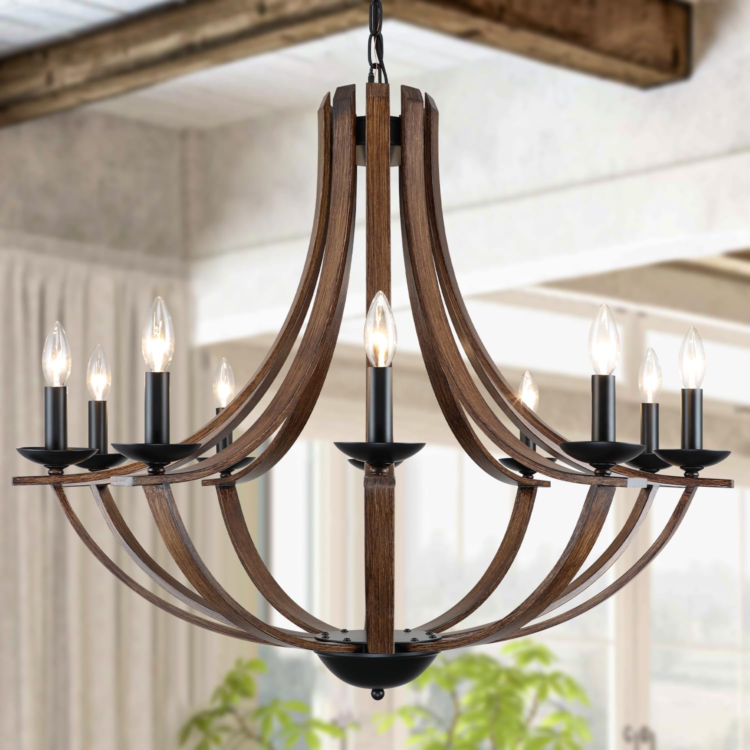 Vintage Farmhouse Black Chandelier — 4-Light — Black+Faux Wood-D10