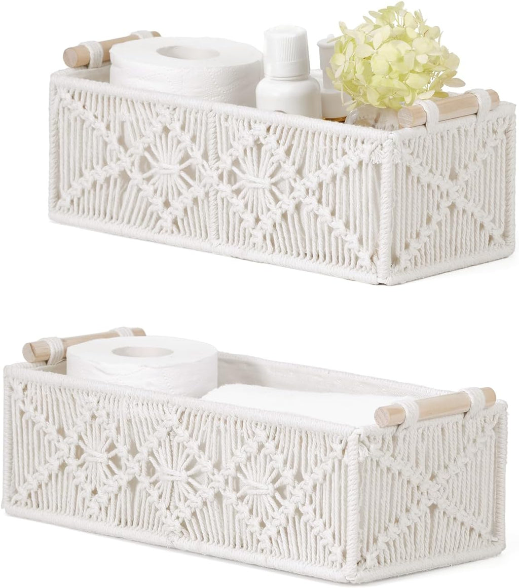 Boho Rattan Storage Basket — Set of 2 — Warm White-X