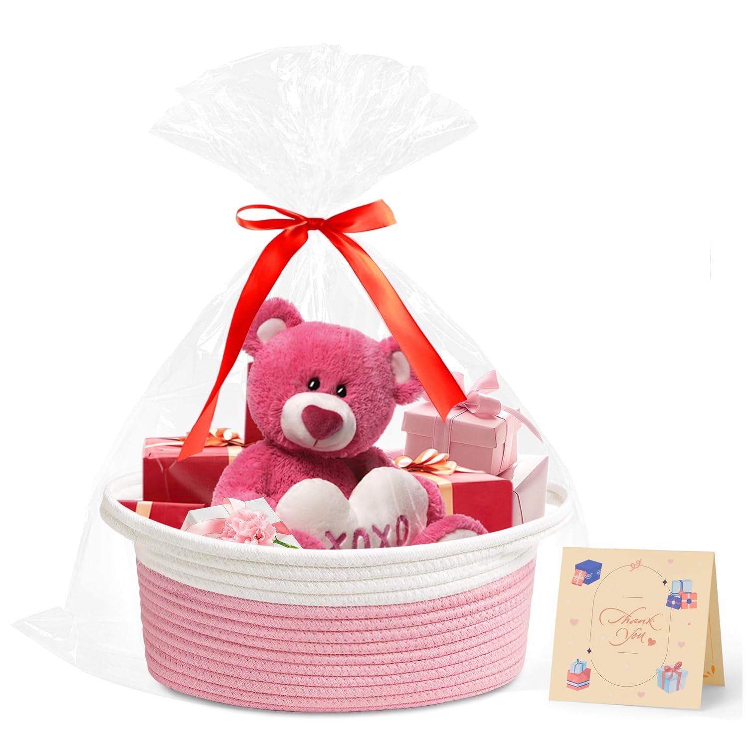 Boho Blue Woven Basket — 12" — white&pink