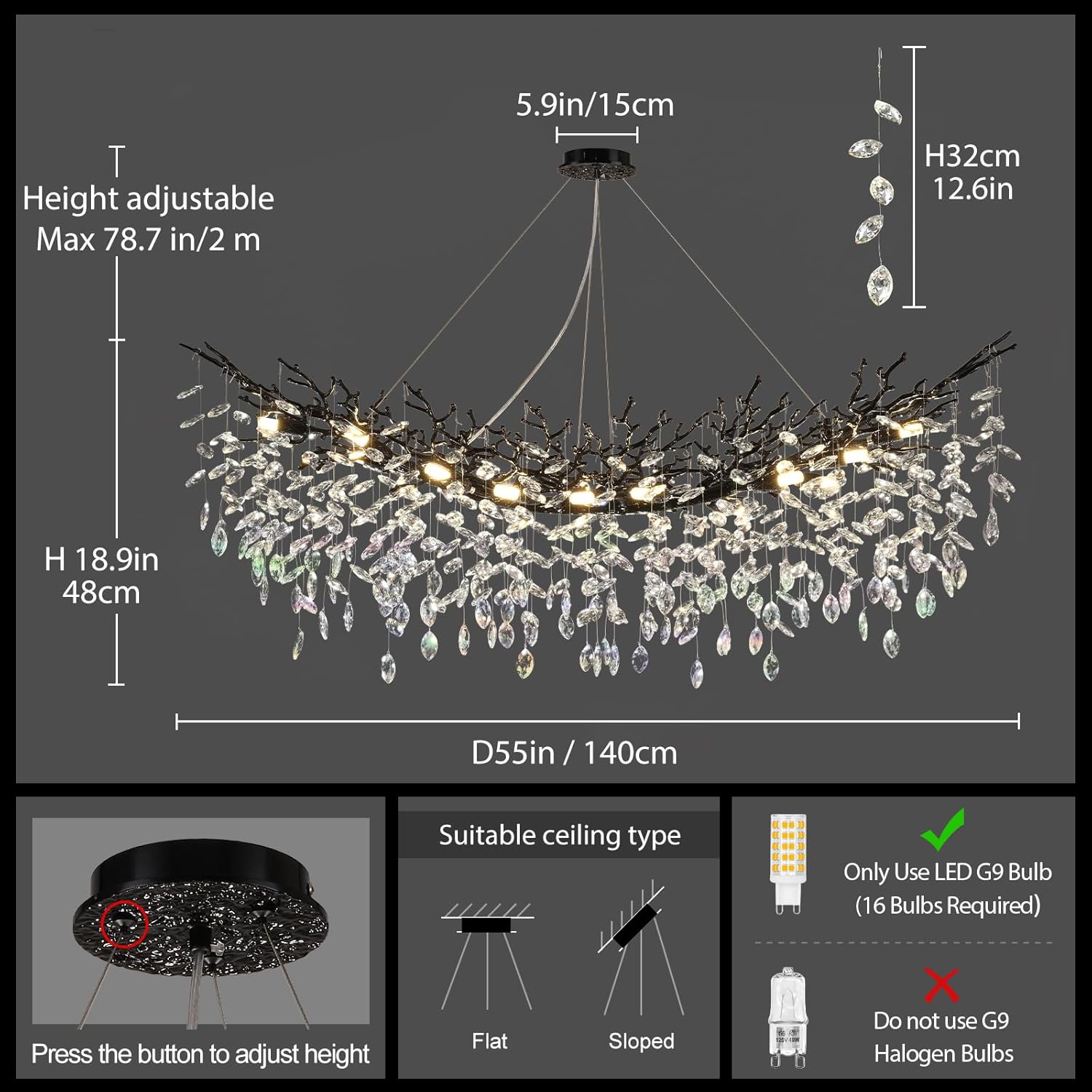 Rectangular Luxe Black Chandelier — 16-Light - View 3