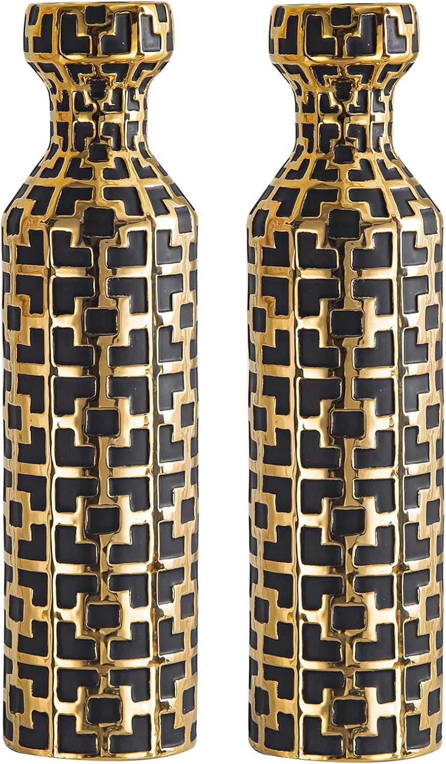 Modern Black Flower Vase — 4" — Black With Gold Set of 2