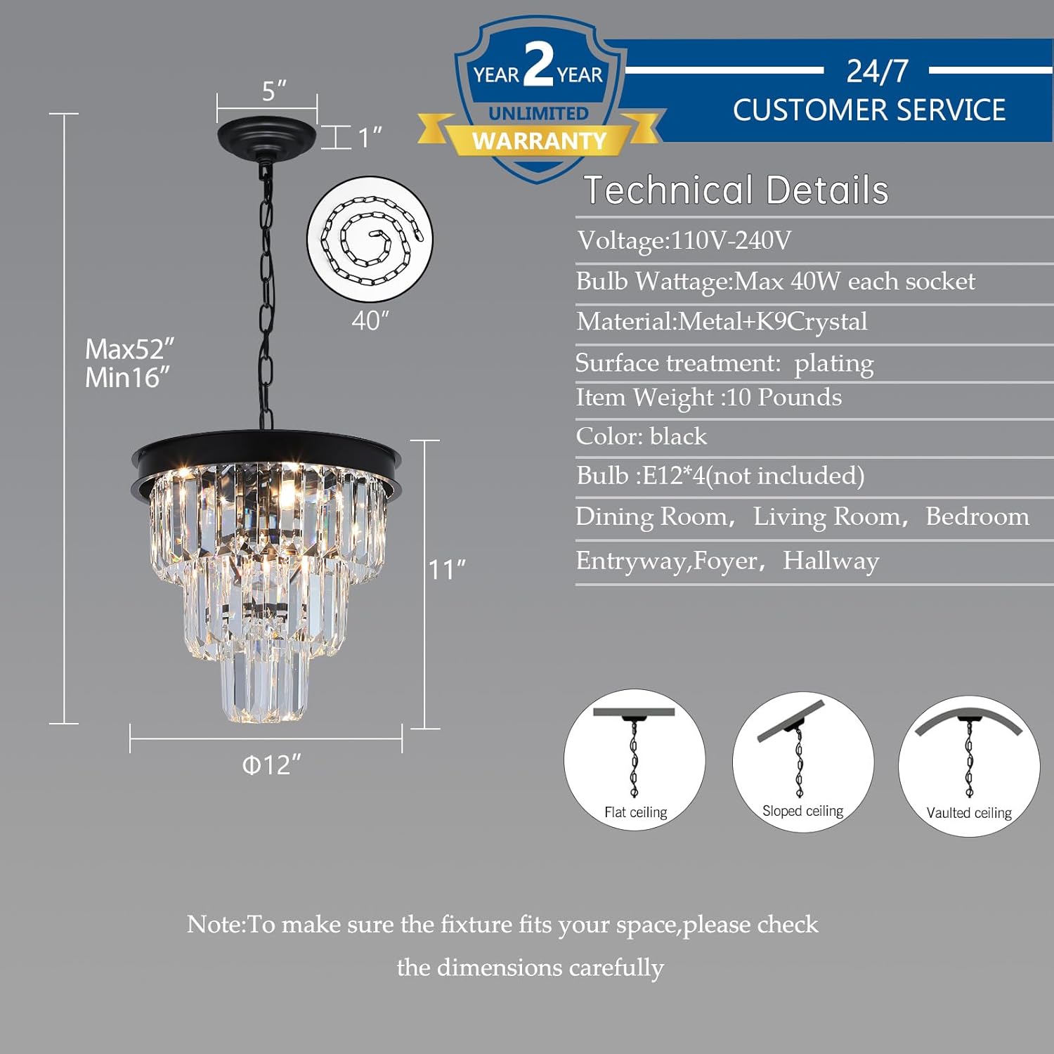 Luxe Black Chandelier — 12" - View 5
