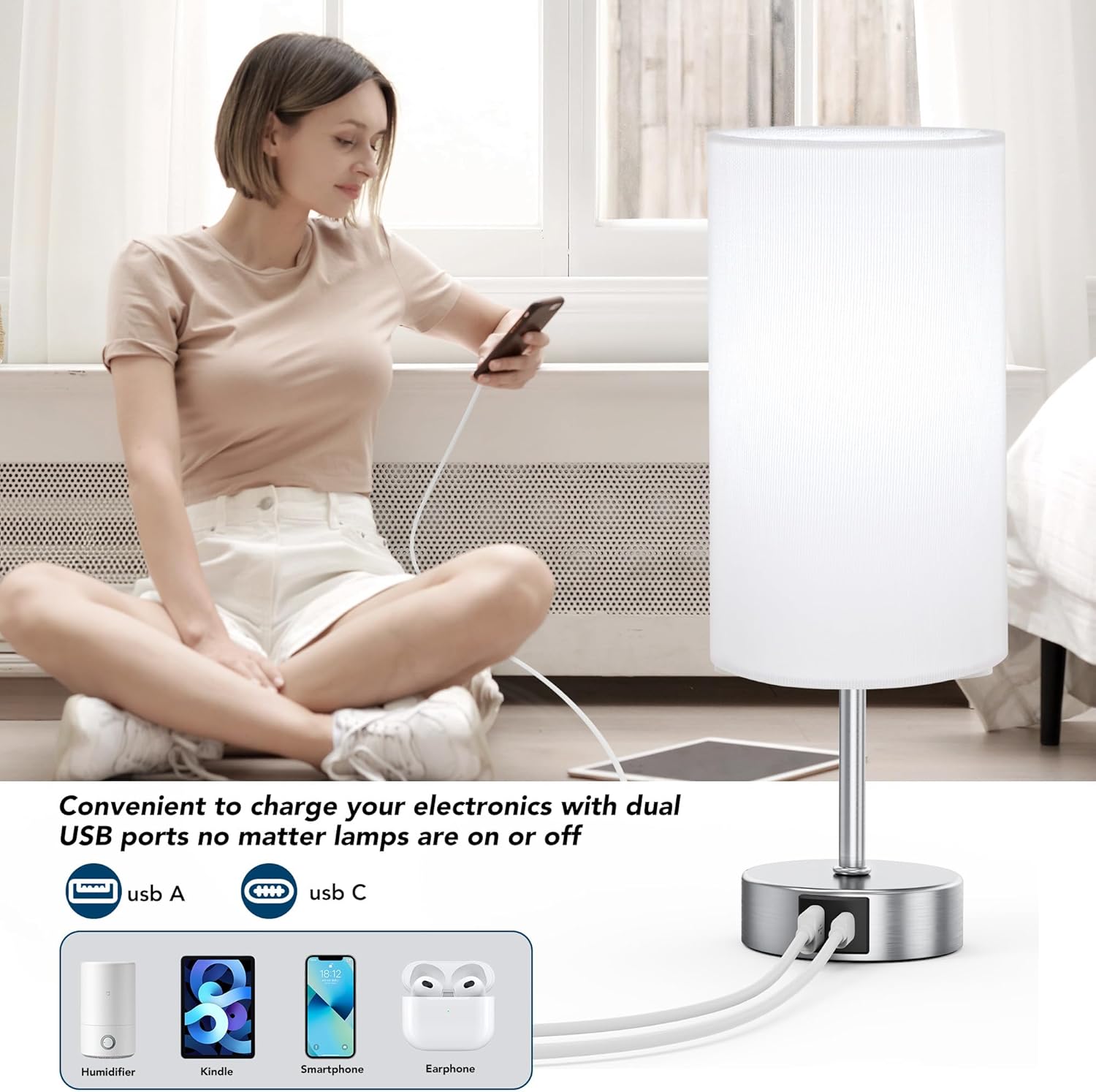 Dimmable Modern Silver Nightstand Lamp — 12.8" - View 4