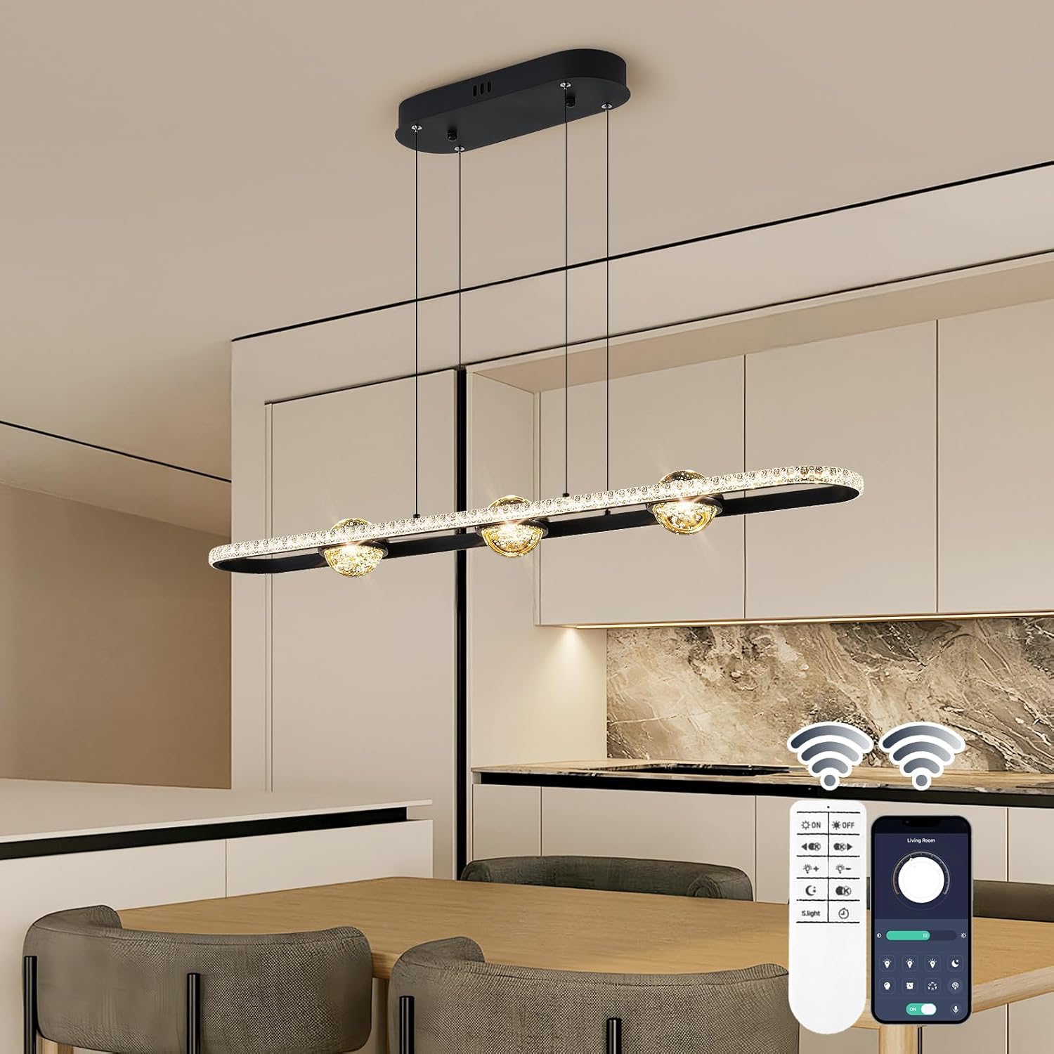 Dimmable Luxe Black Chandelier — 3 Crystal Ball+Ring, Black