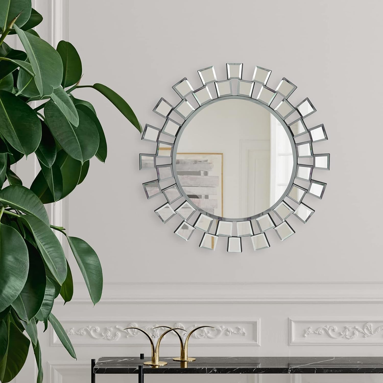 Framed Brown Wall Mirror — 32" — Sunbrust 24x24"