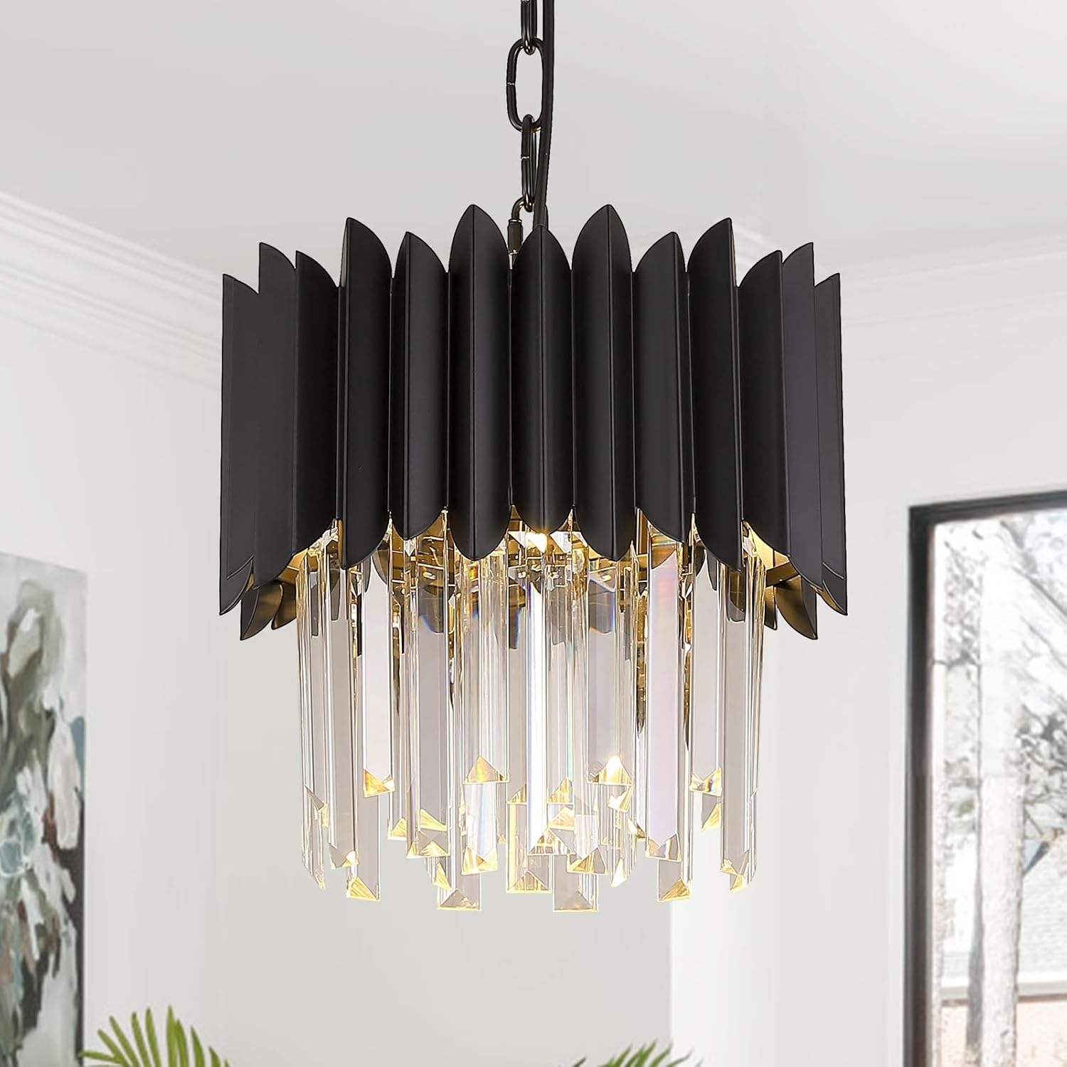 Round Luxe Black Chandelier — 30" — Drum-Black & clear crystals