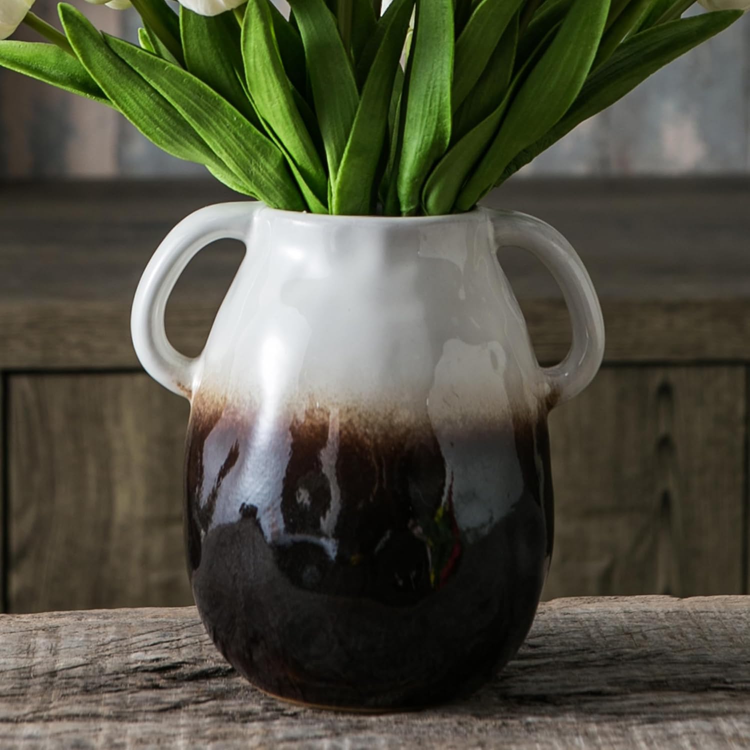 Farmhouse Black Flower Vase — 7" — Double Handle - White Gradient