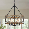 Round Farmhouse Black Chandelier — 5-Light — Black & Wood Grain-4 Lights-Farmhouse
