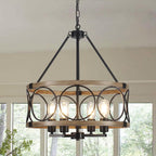 Round Farmhouse Black Chandelier — 5-Light — Black & Wood Grain-4 Lights-Farmhouse