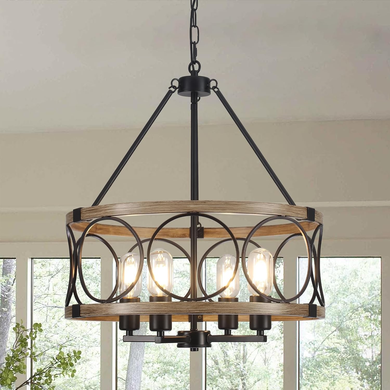 Round Farmhouse Black Chandelier — 5-Light — Black & Wood Grain-4 Lights-Farmhouse