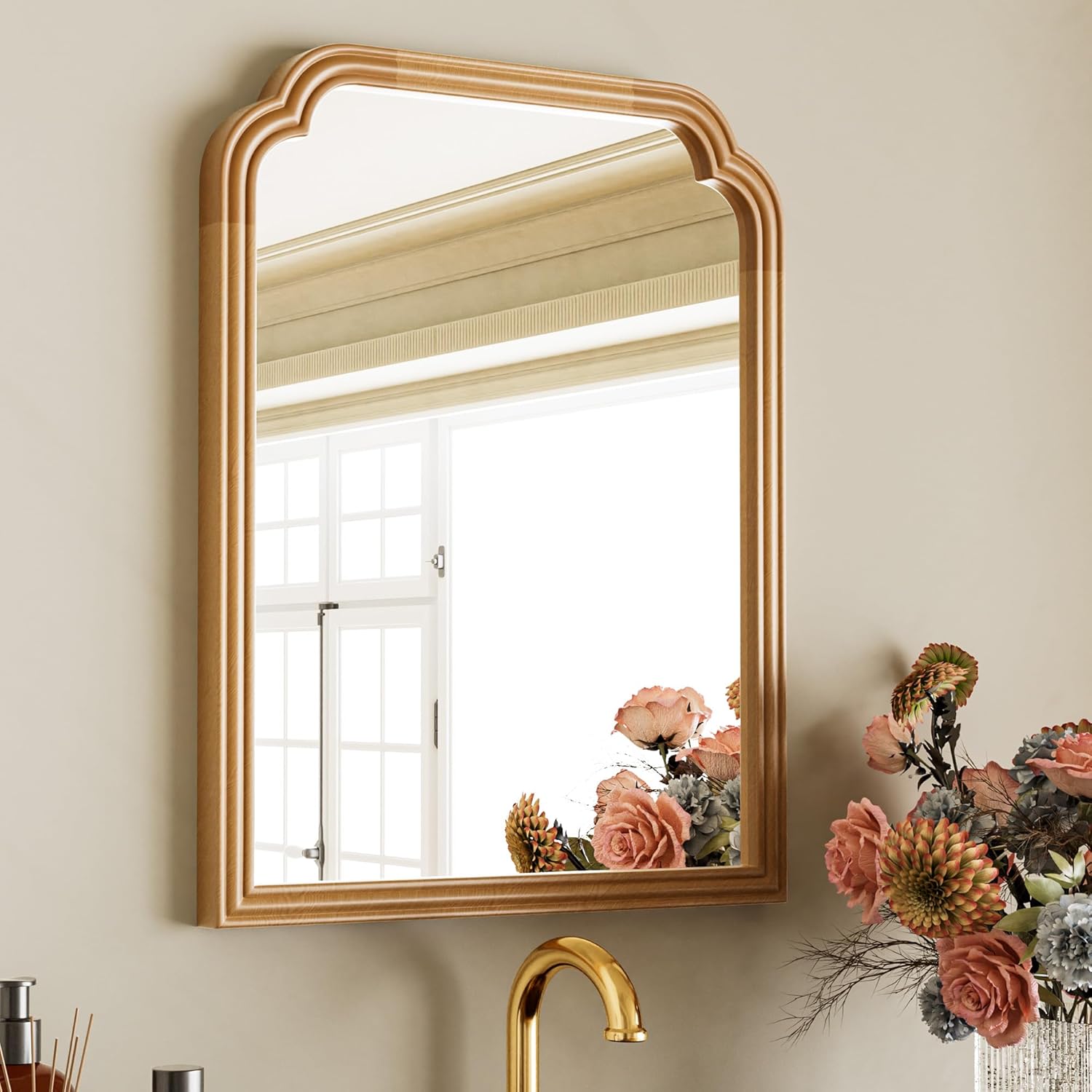 Framed Luxe Beige Vanity Mirror — 30" — Natural Beech Wood