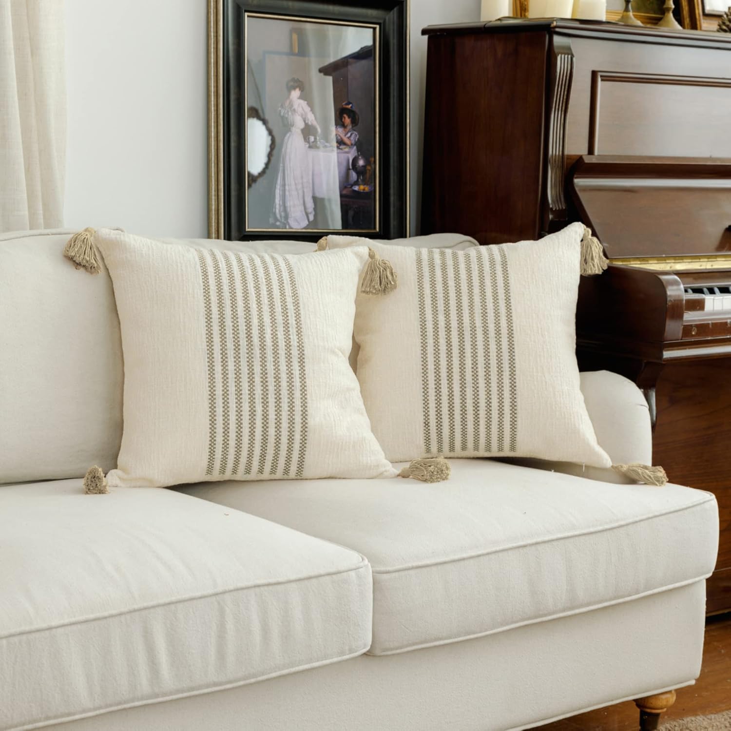 Chenille Boho Beige Throw Pillow Cover — 16" — Beige Stripes Pack of 2