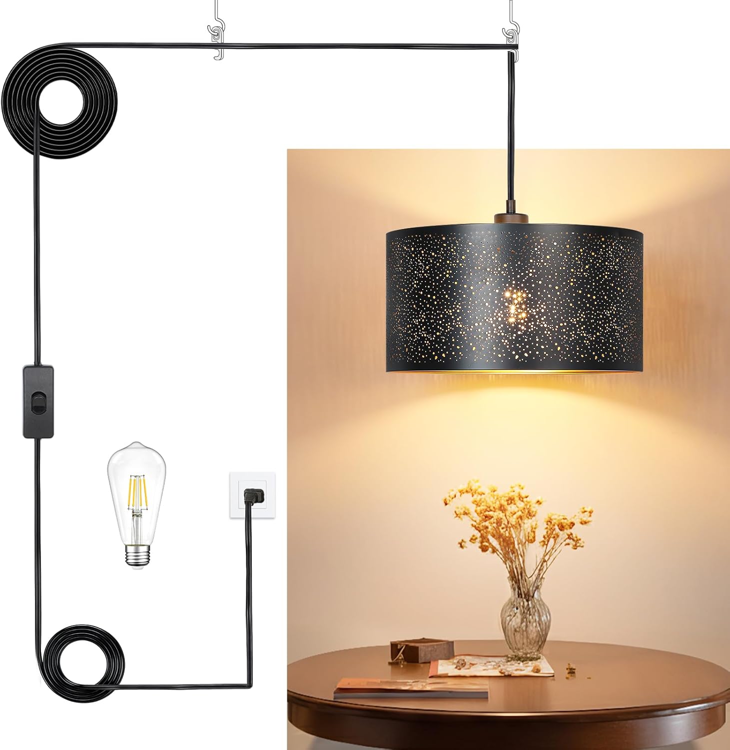 Dimmable Boho Fabric Pendant Light — Black Starry/1