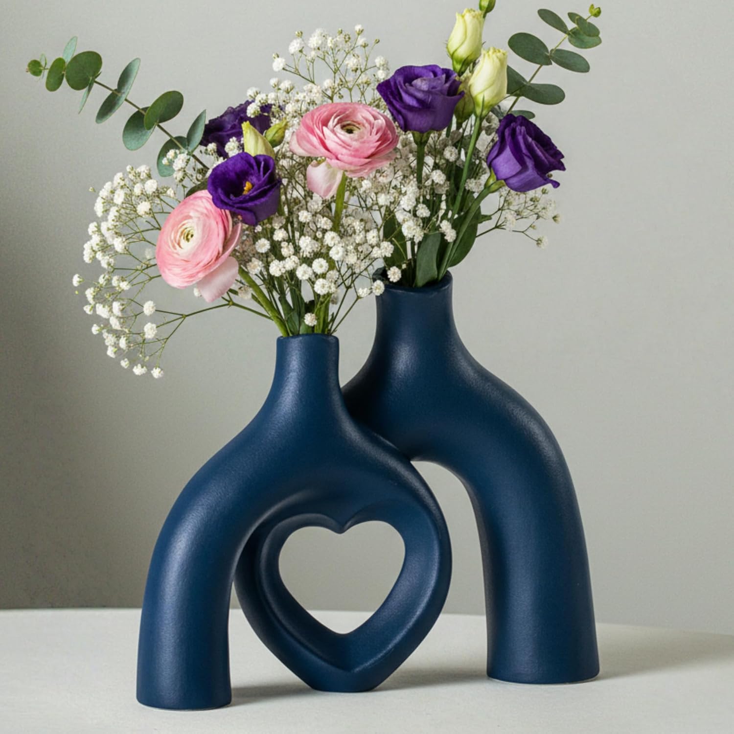 Boho Beige Flower Vase — Set of 2 — Heart - Navy Blue