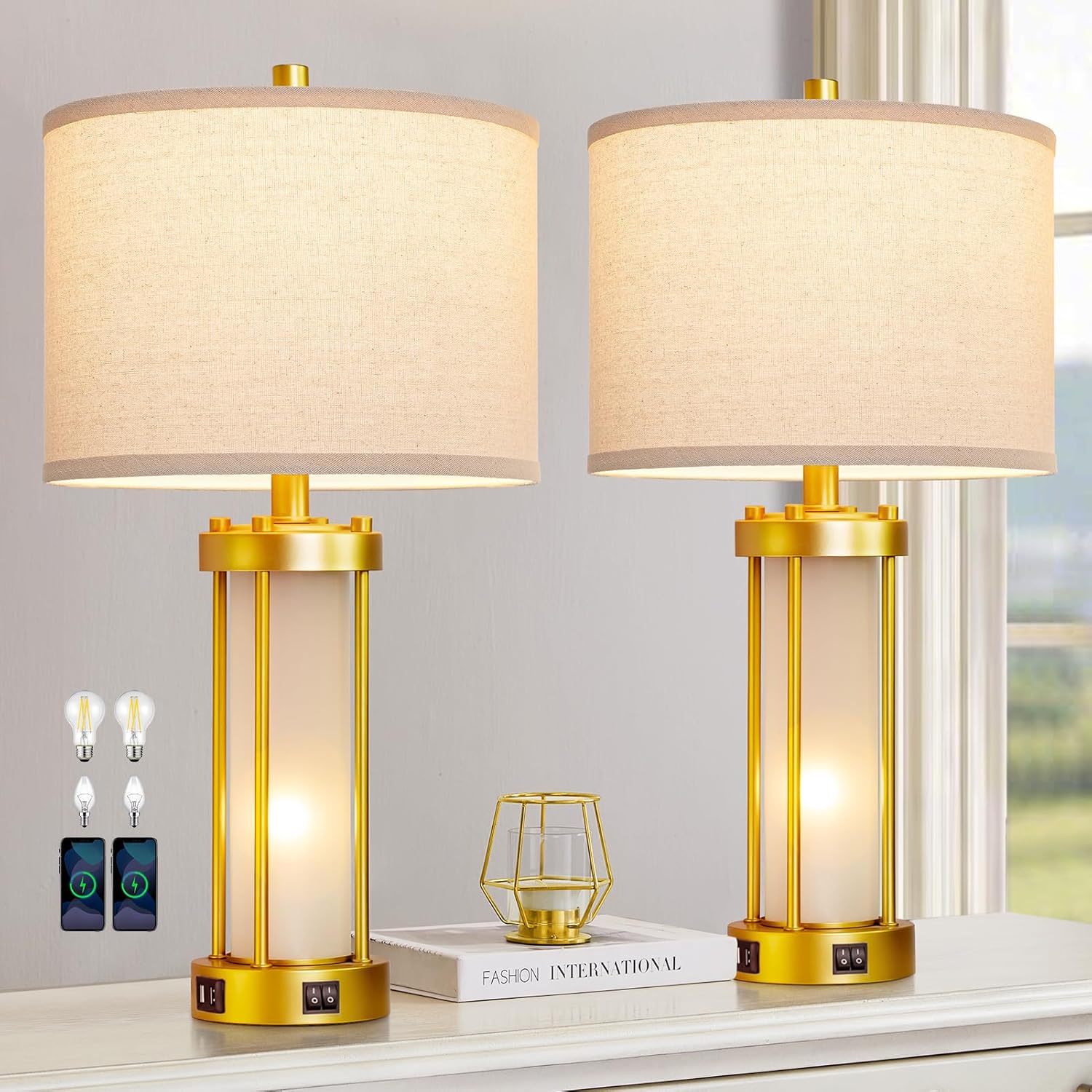 USB Charging Farmhouse Black Desk Lamp — Gold