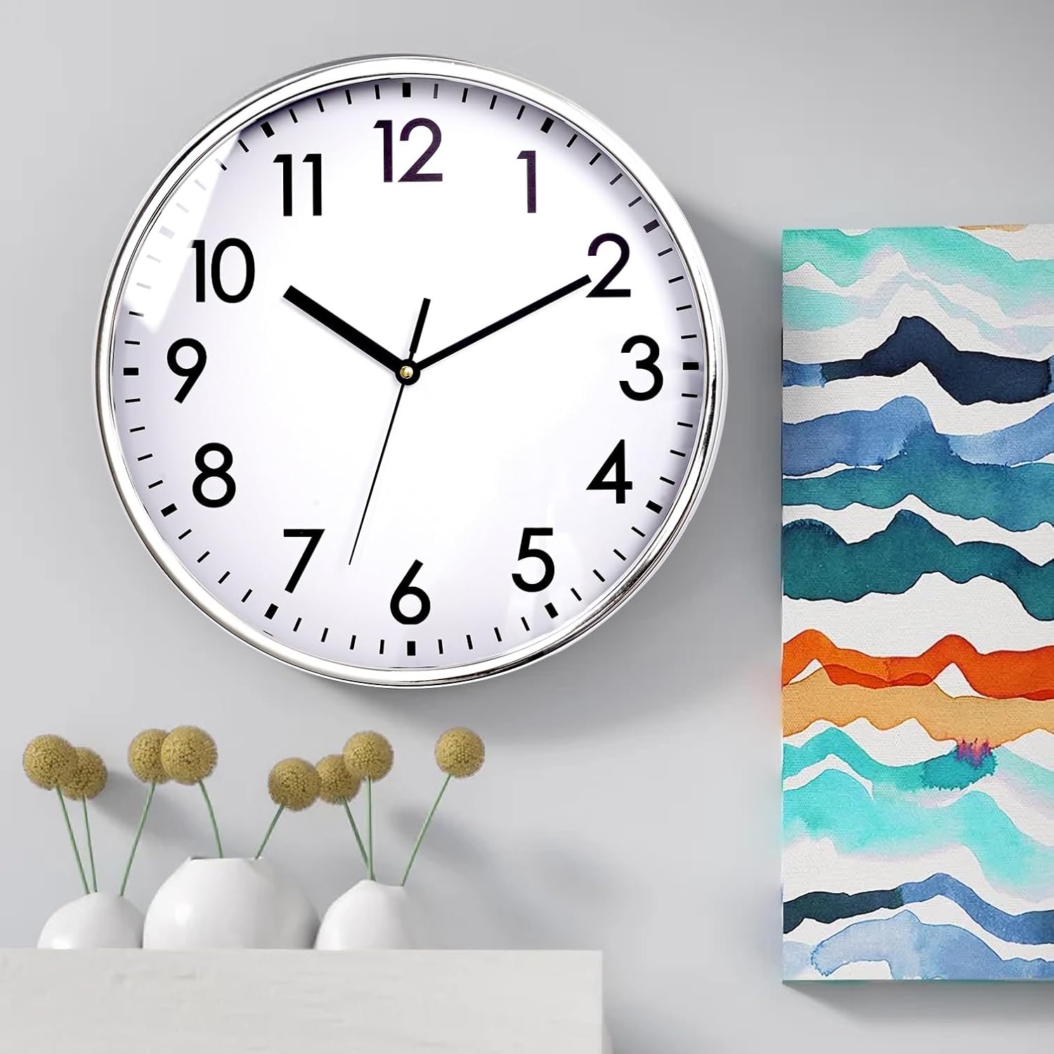 Battery Operated Modern Silver Wall Clock — 12" - View 2