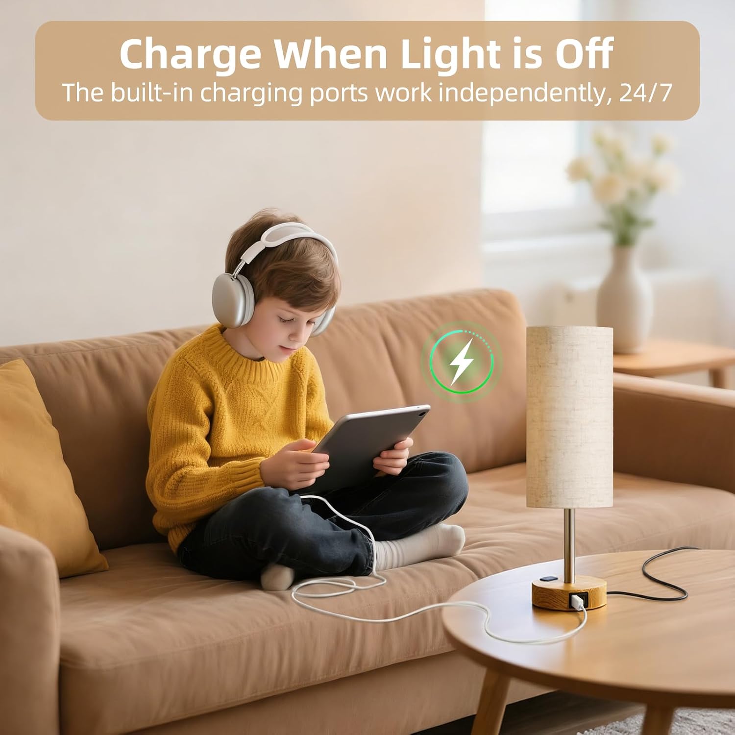 Dimmable Beige Bedside Lamp - View 7