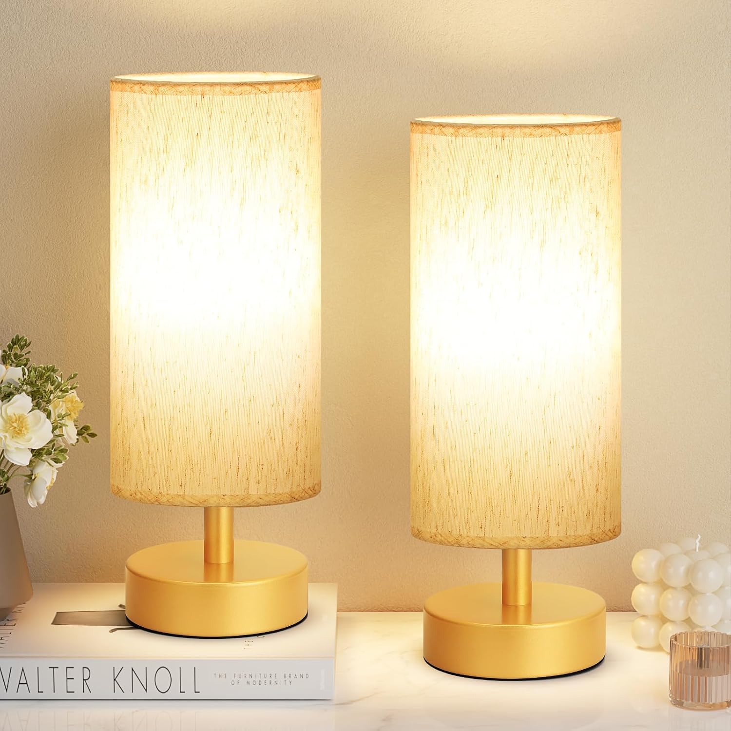 Modern Beige Bedside Lamp — 11.6" — Cream Shade-Gold Base 2pcs