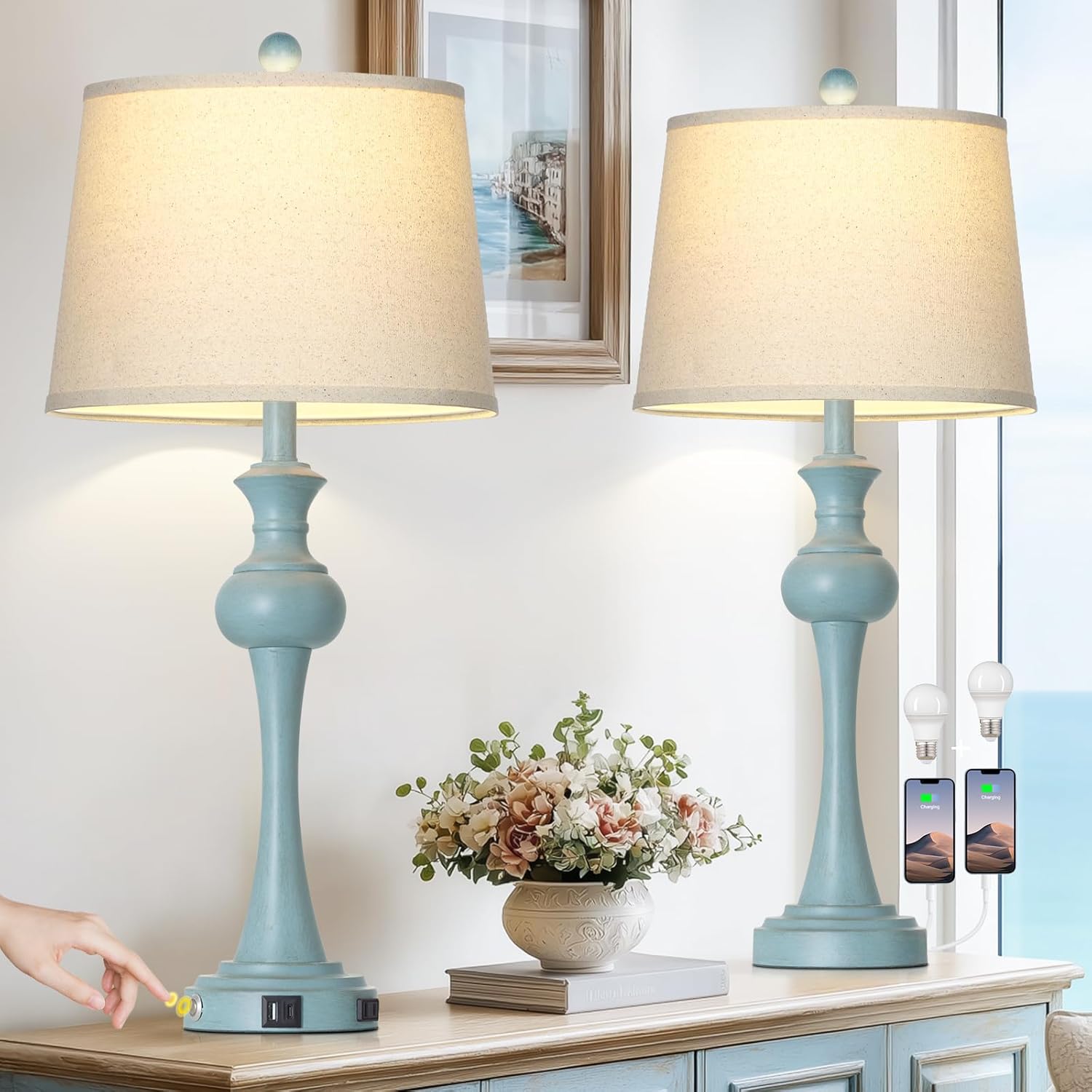 Dimmable Modern Black Bedside Lamp — 28.75" — Blue-Set of 2