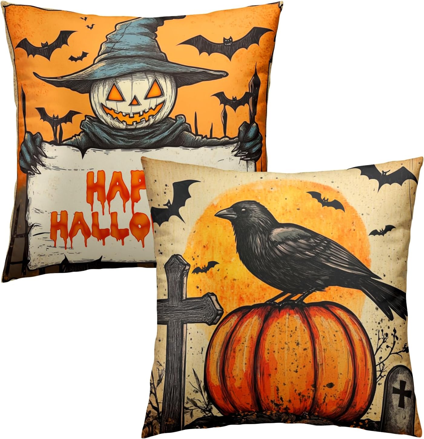 Vintage Boho Black Pillow Cover — 18" — Happy Halloween