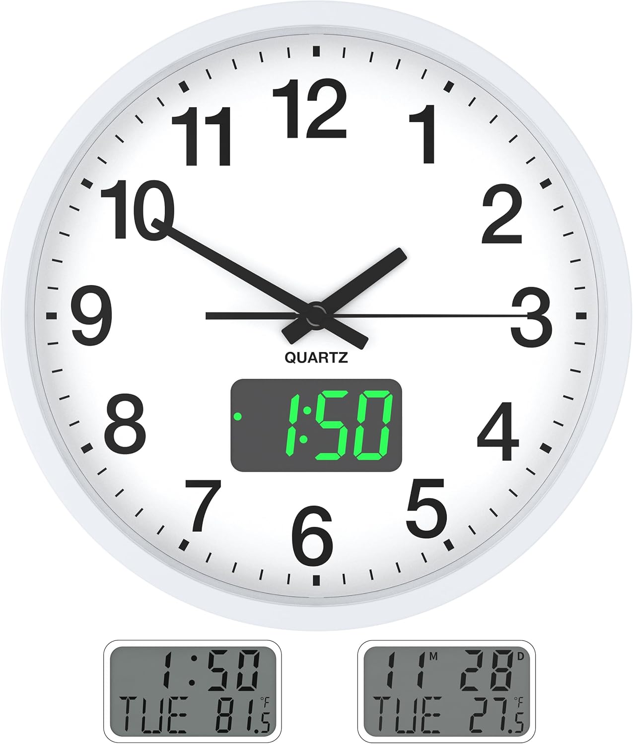 Adjustable Black Wall Clock — 12" — White Case-green Led