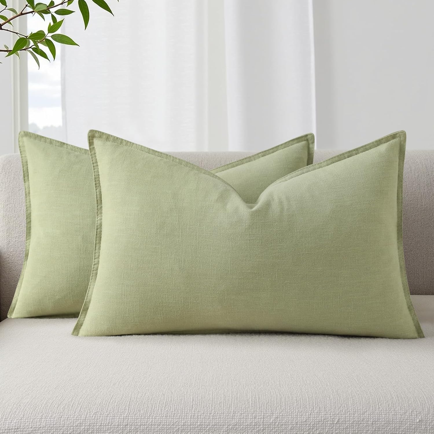 Linen Boho Beige Throw Pillow Cover — 18" — Sage Green