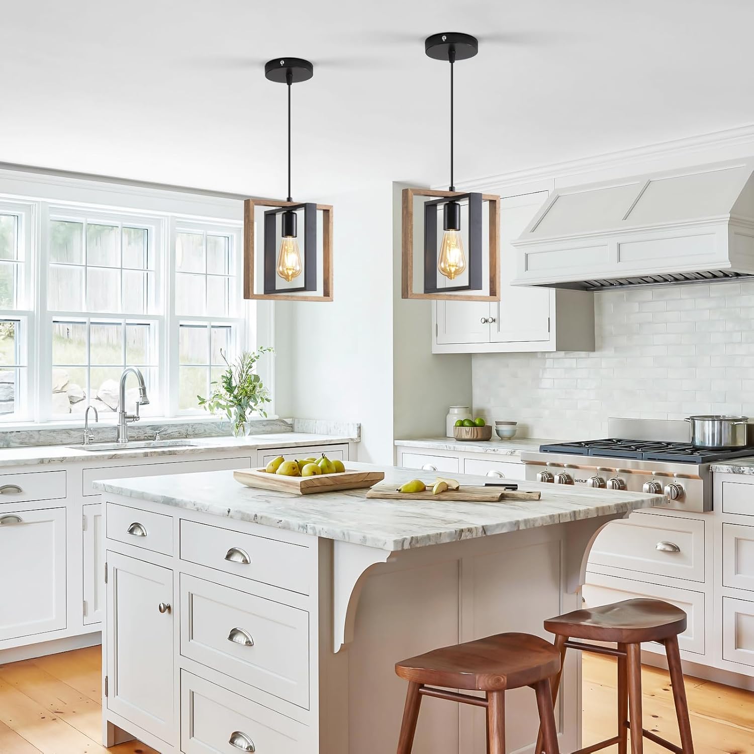 Farmhouse Beige Chandelier — 10-Light — Brown Square Wood